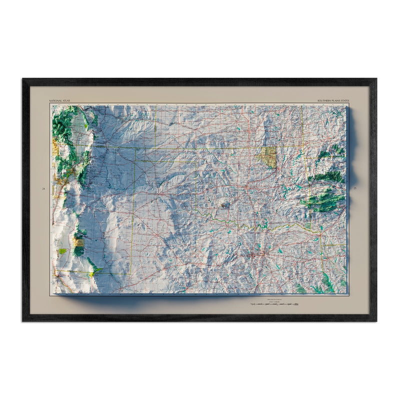 Southern Plains States 1970 Shaded Relief Map - Muir Way - Vintage Relief