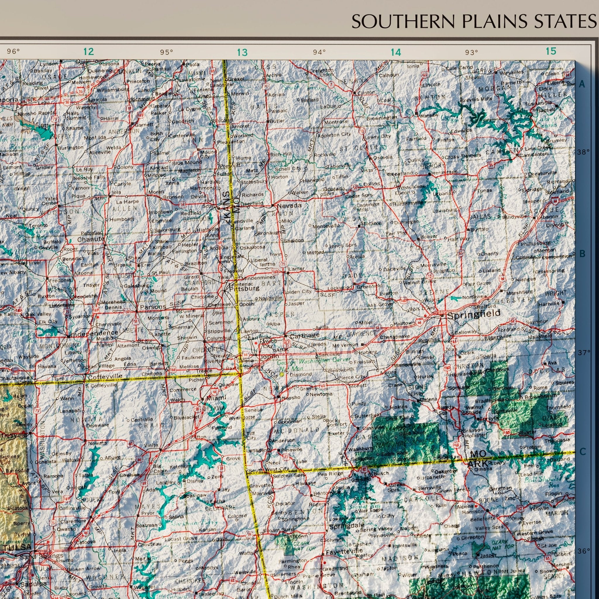 Southern Plains States 1970 Shaded Relief Map - Muir Way - Vintage Relief