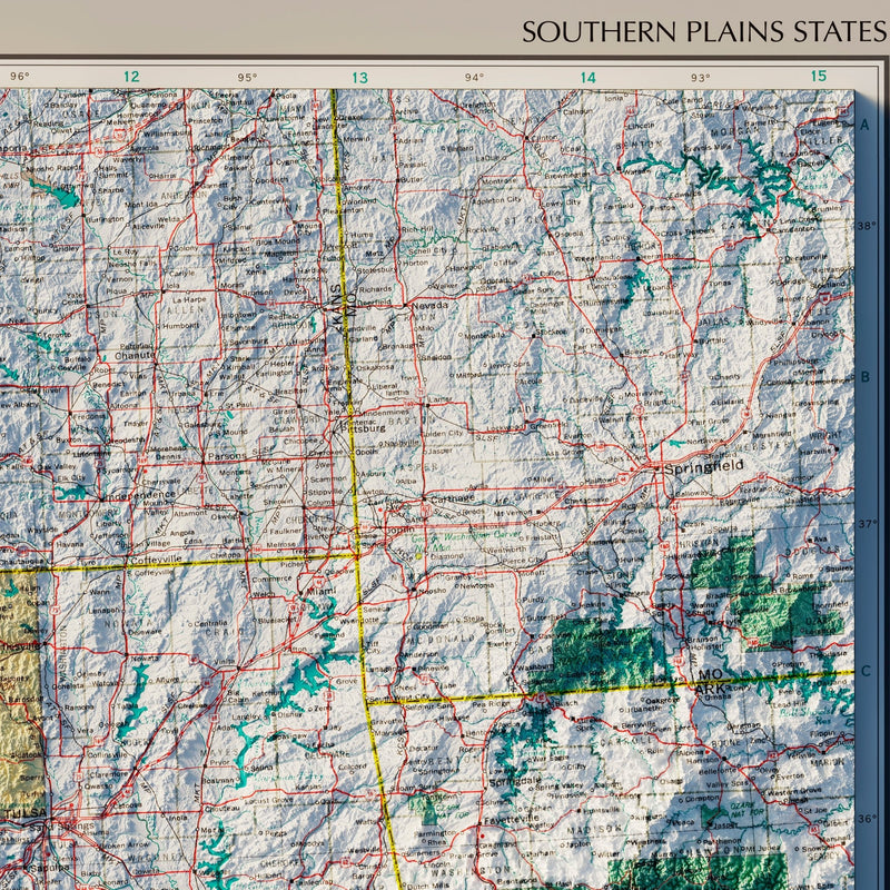 Southern Plains States 1970 Shaded Relief Map - Muir Way - Vintage Relief