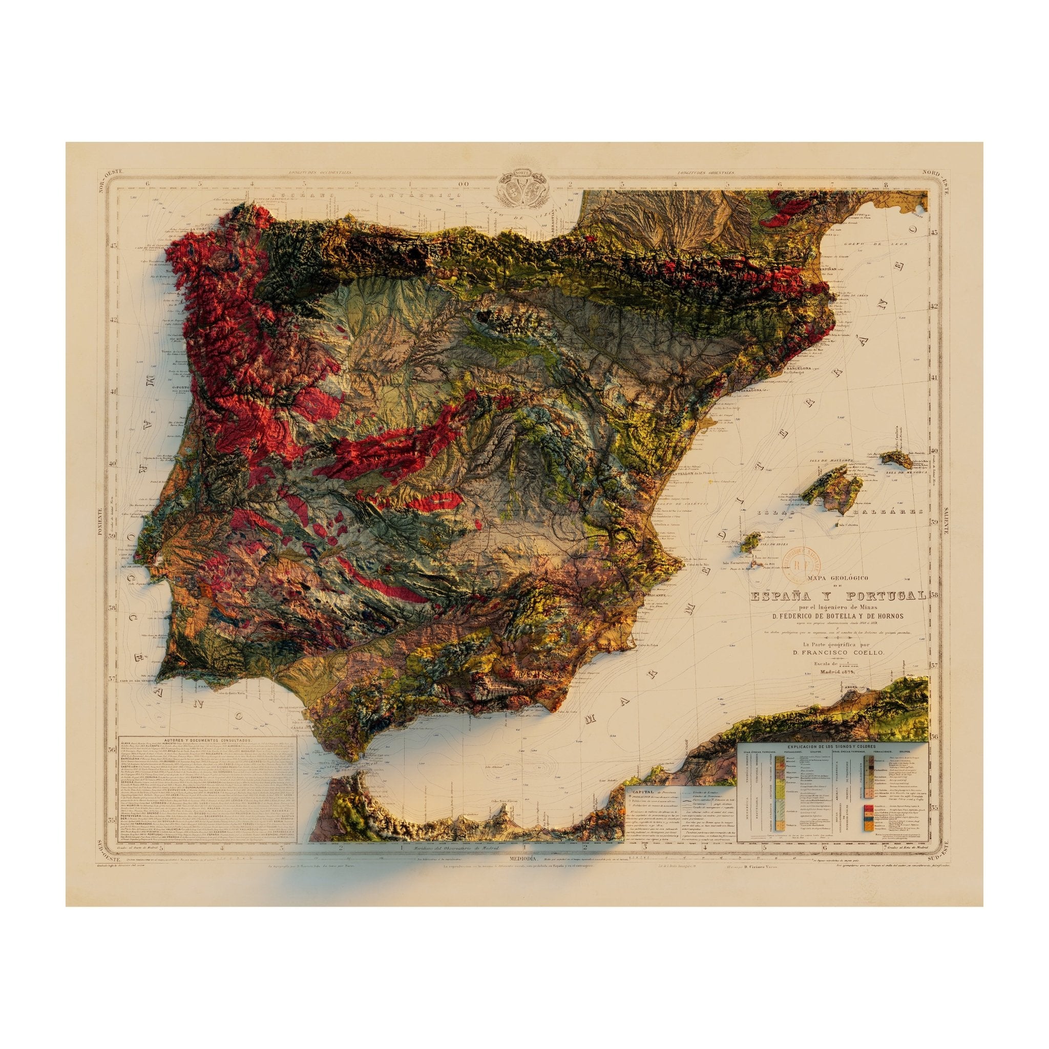 Spain and Portugal 1879 Shaded Relief Map - Muir Way - Vintage Relief