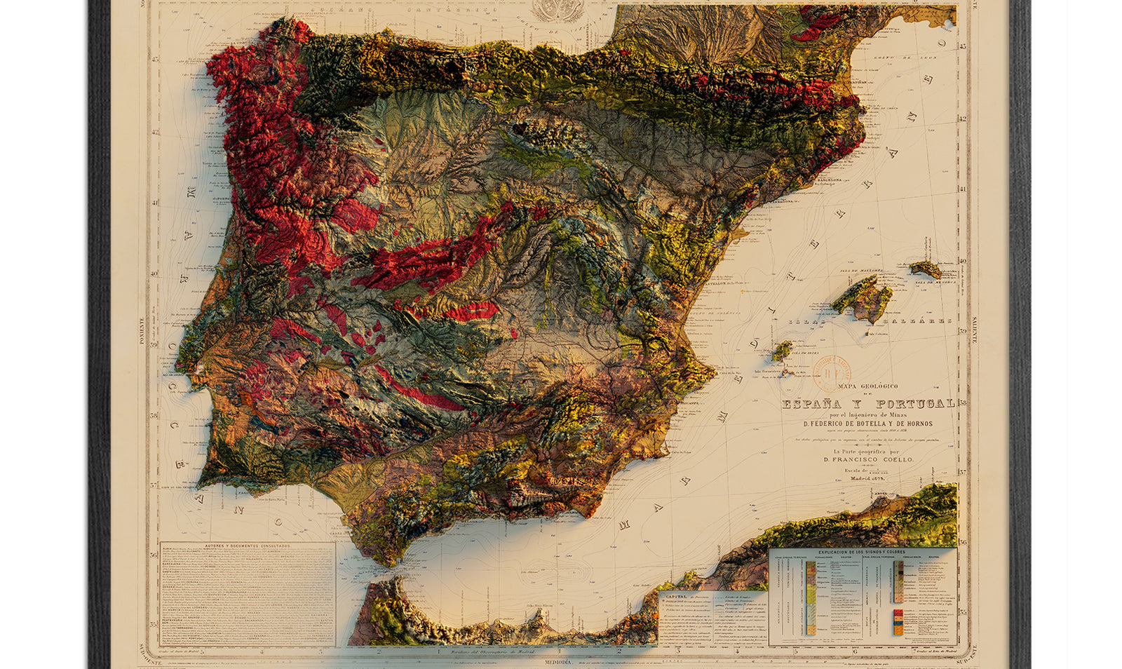 Vintage Spain and Portugal Relief Map - 1879