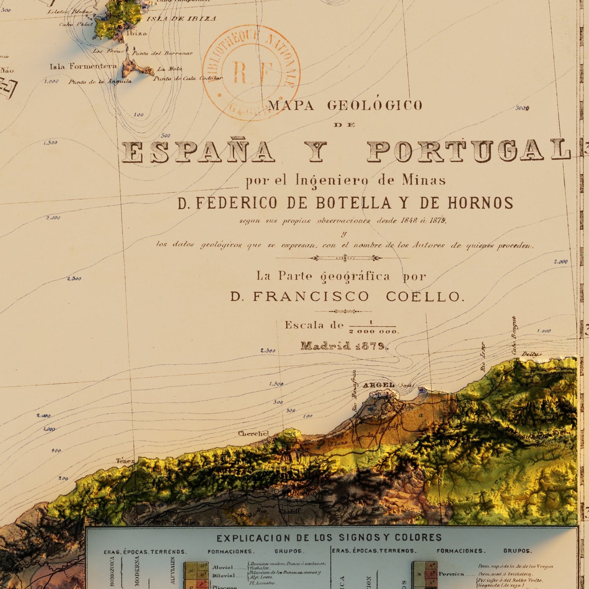 Spain and Portugal 1879 Shaded Relief Map - Muir Way - Vintage Relief