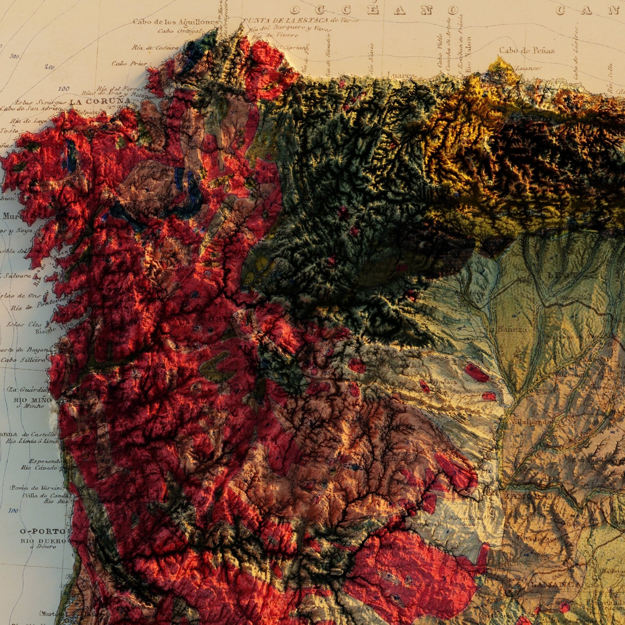 Spain and Portugal 1879 Shaded Relief Map - Muir Way - Vintage Relief