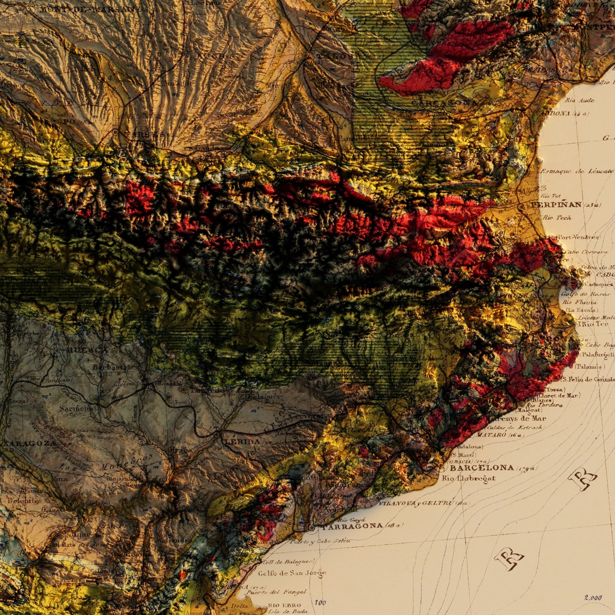 Spain and Portugal 1879 Shaded Relief Map - Muir Way - Vintage Relief