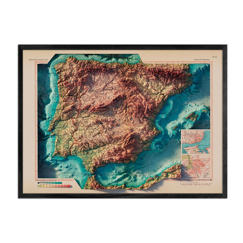 Spain and Portugal 1964 Shaded Relief Map - Muir Way - Vintage Relief