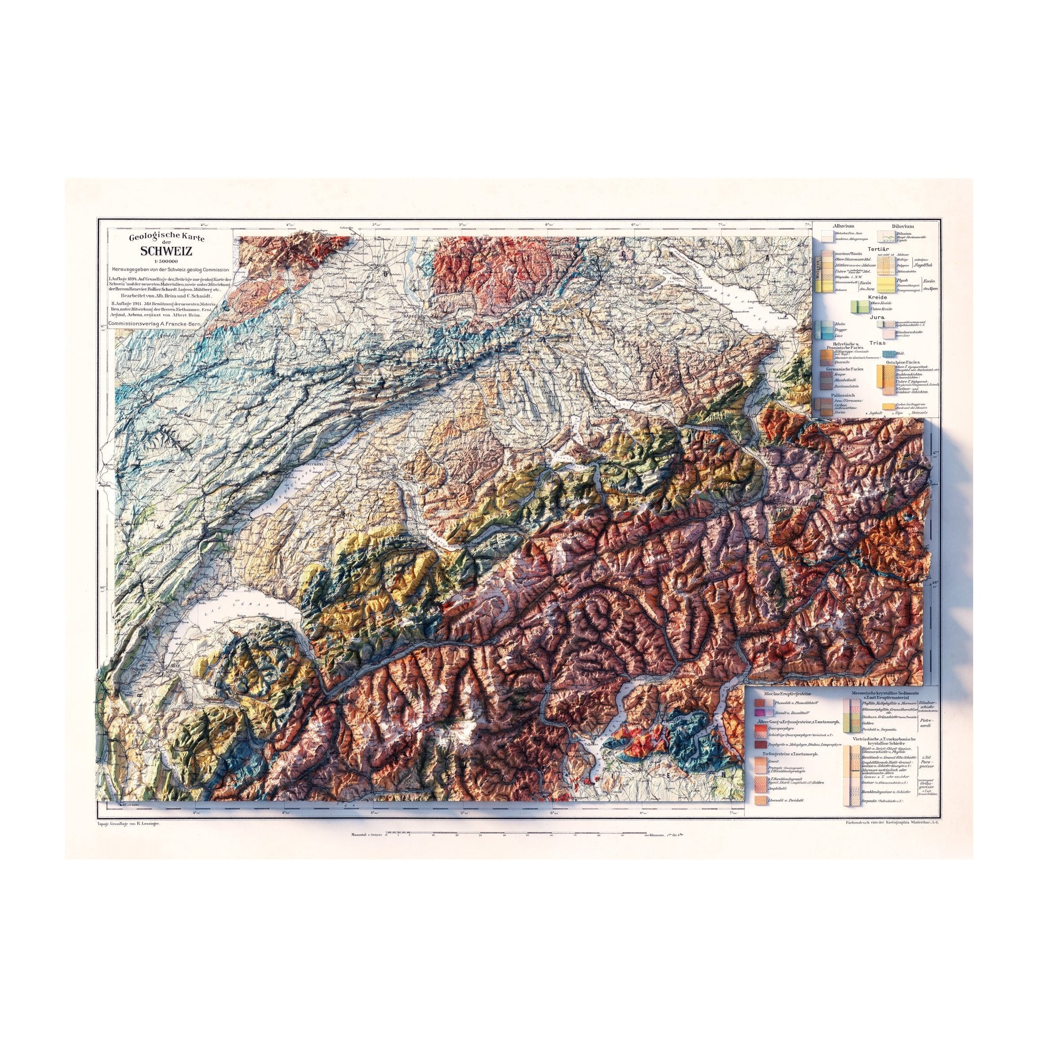 Switzerland 1911 Shaded Relief Map - Muir Way - Vintage Relief