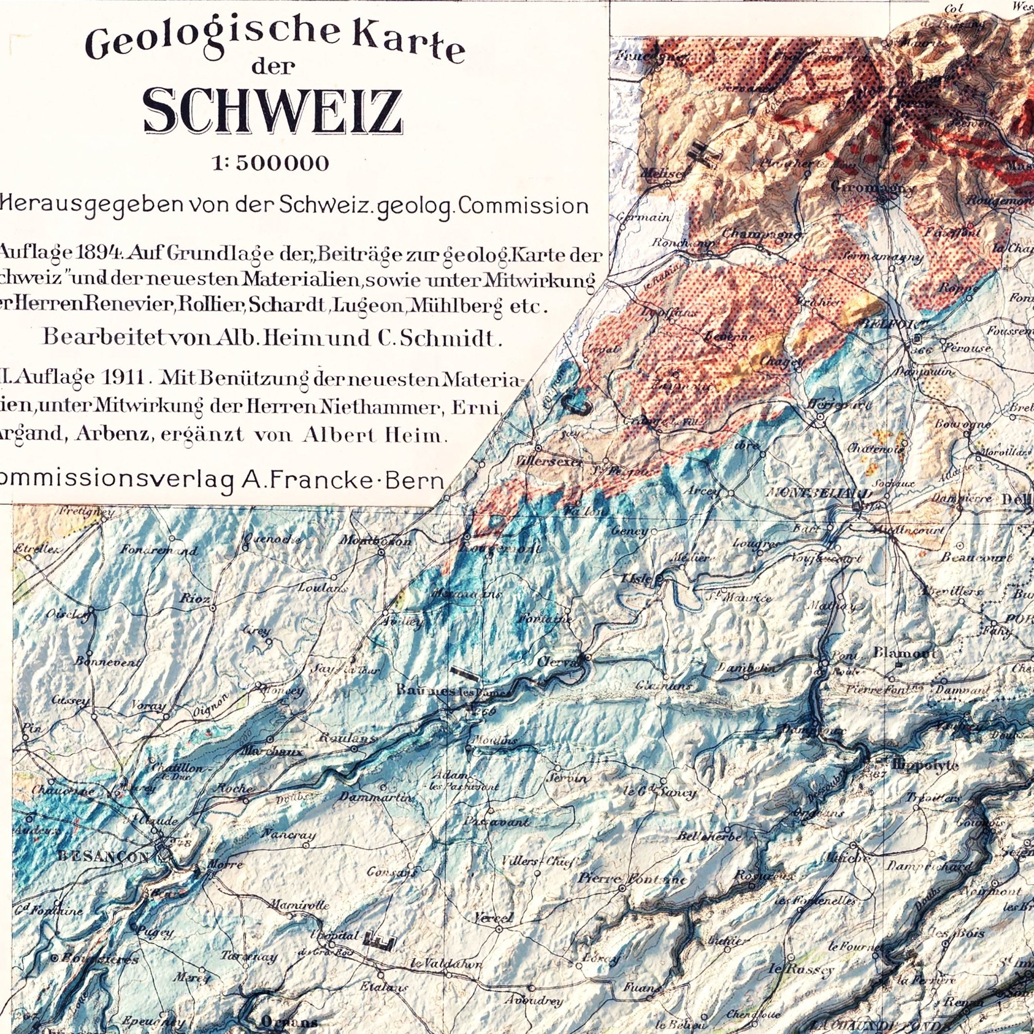 Switzerland 1911 Shaded Relief Map - Muir Way - Vintage Relief
