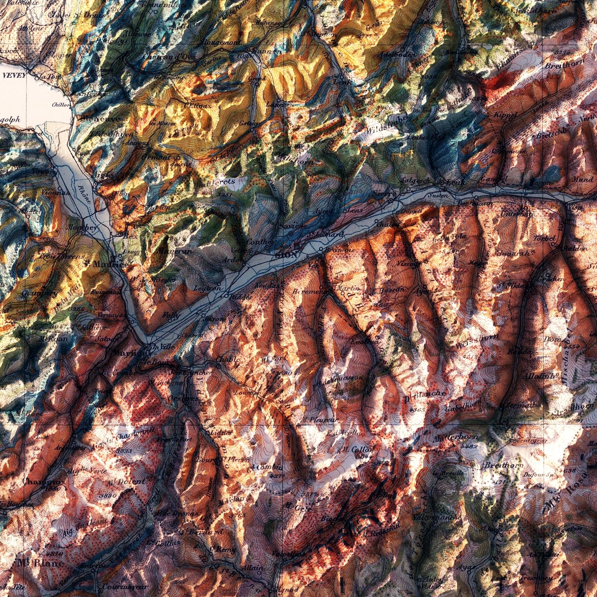 Switzerland 1911 Shaded Relief Map - Muir Way - Vintage Relief