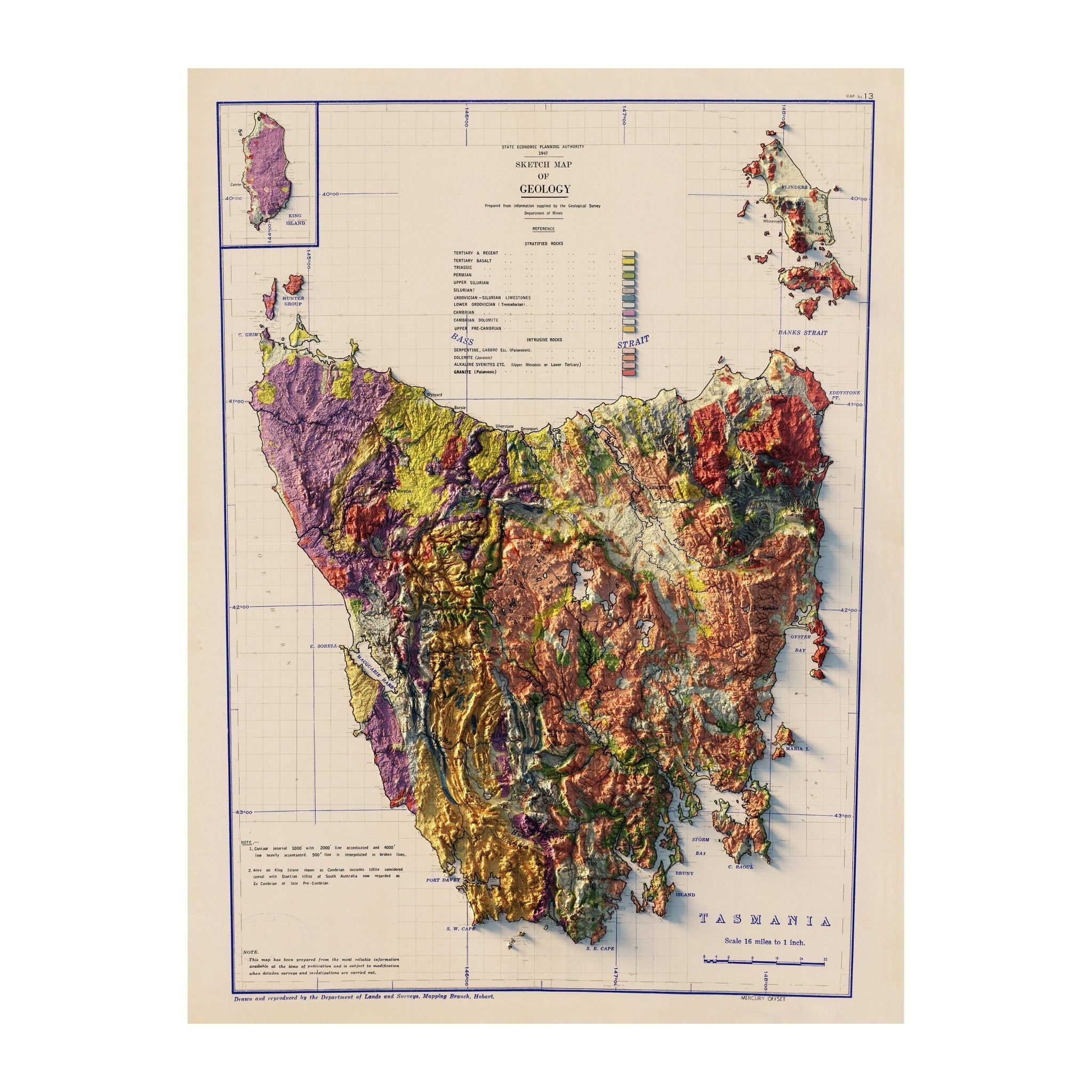 Tasmania 1947 Shaded Relief Map - Muir Way - Vintage Relief