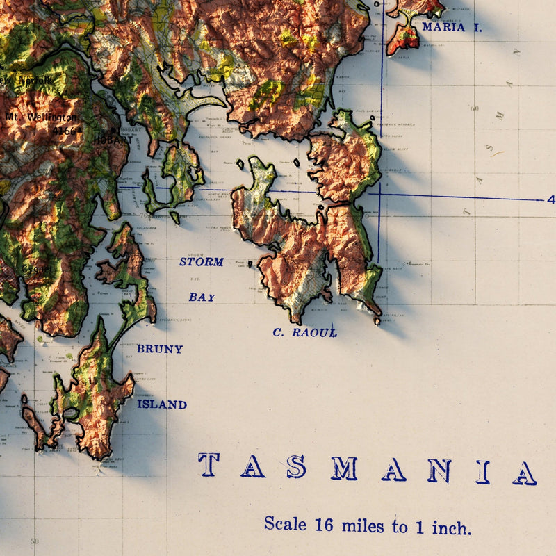 Tasmania 1947 Shaded Relief Map - Muir Way - Vintage Relief