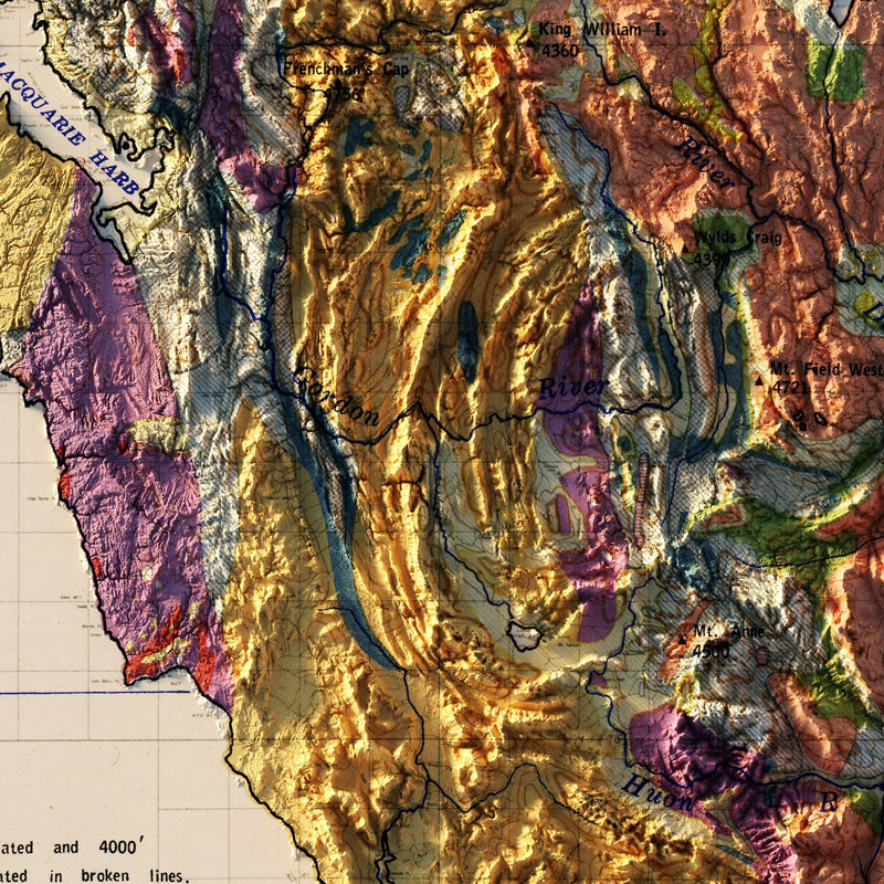 Tasmania 1947 Shaded Relief Map - Muir Way - Vintage Relief