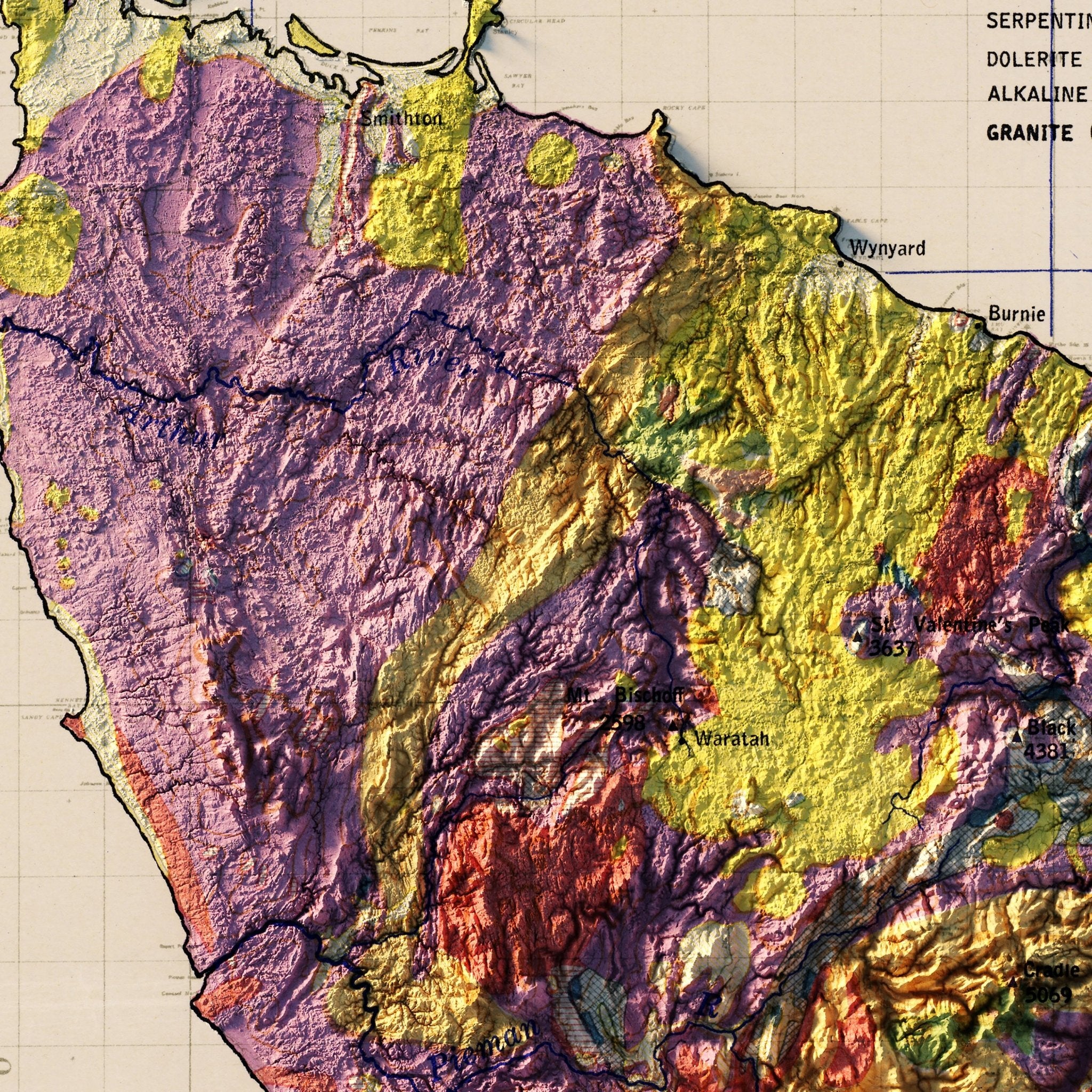 Tasmania 1947 Shaded Relief Map - Muir Way - Vintage Relief