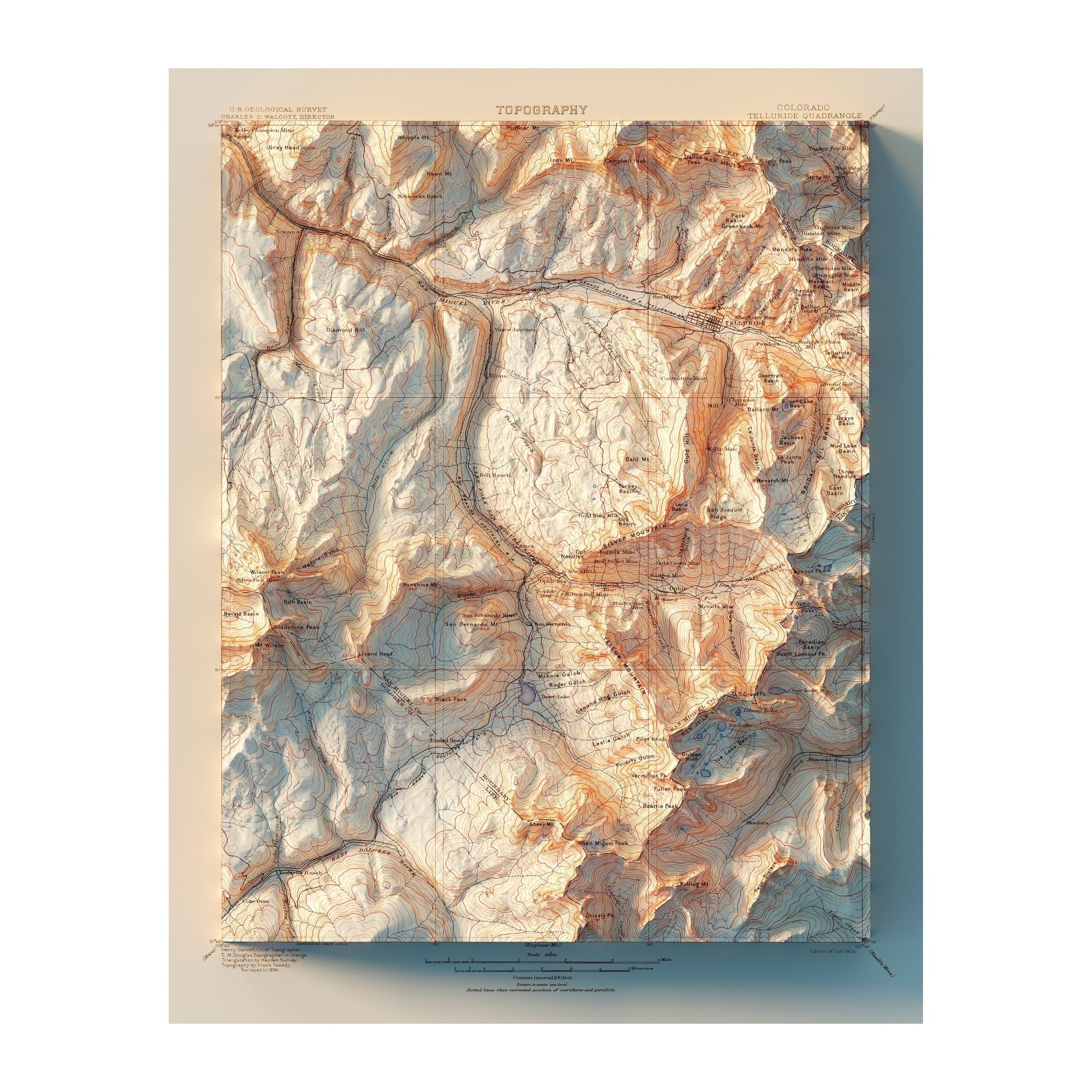 Telluride, Colorado 1904 Shaded Relief Map - Muir Way - Vintage Relief