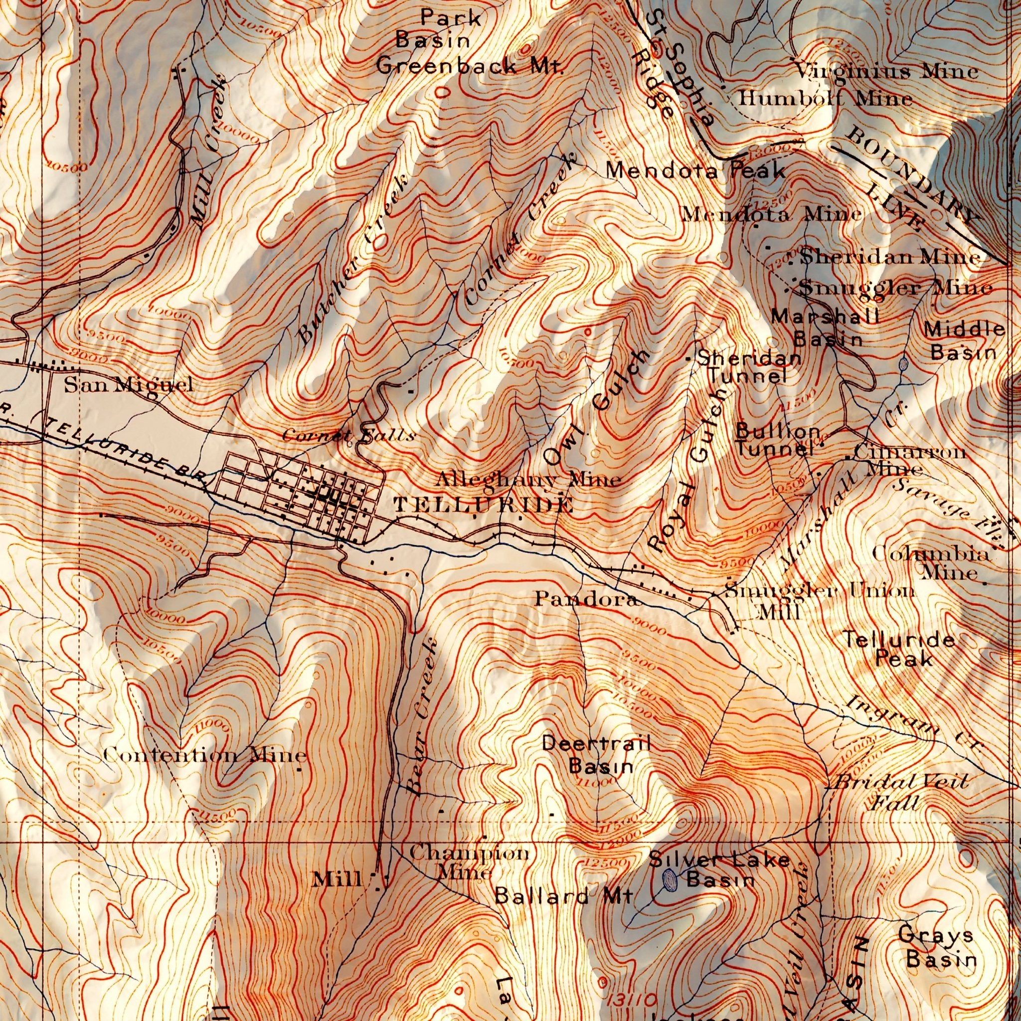 Telluride, Colorado 1904 Shaded Relief Map - Muir Way - Vintage Relief