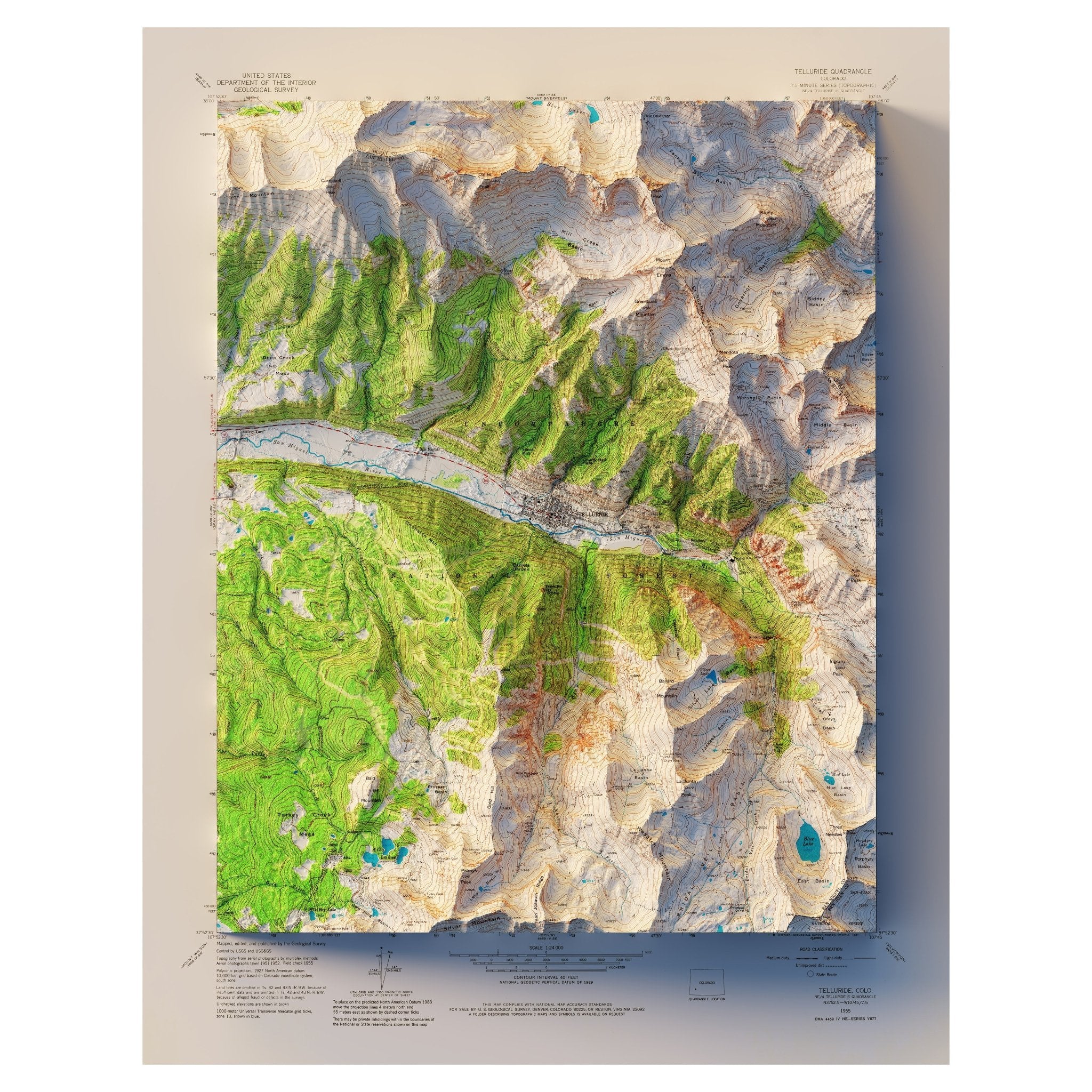 Telluride, Colorado 1955 Shaded Relief Map - Muir Way - Vintage Relief
