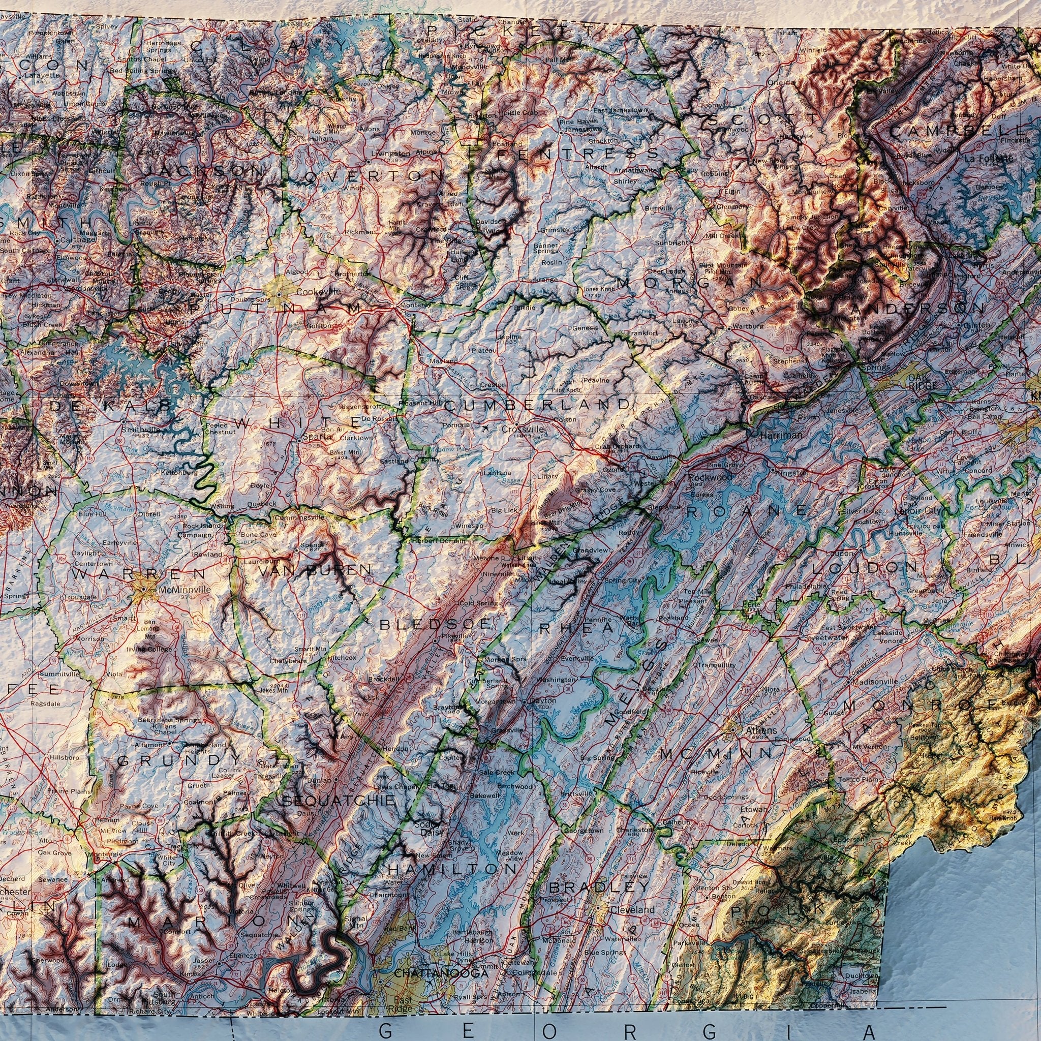 Tennessee 1977 Shaded Relief Map - Muir Way - Vintage Relief