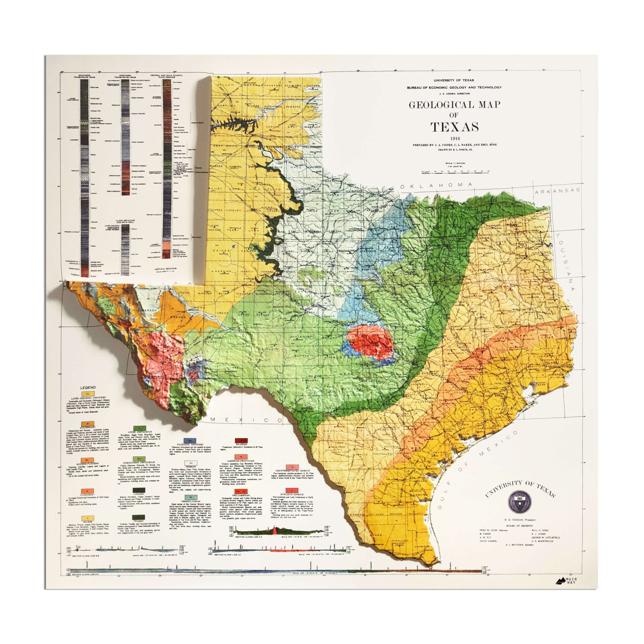 Texas 1916 3D Raised Relief Map - Muir Way - 3D