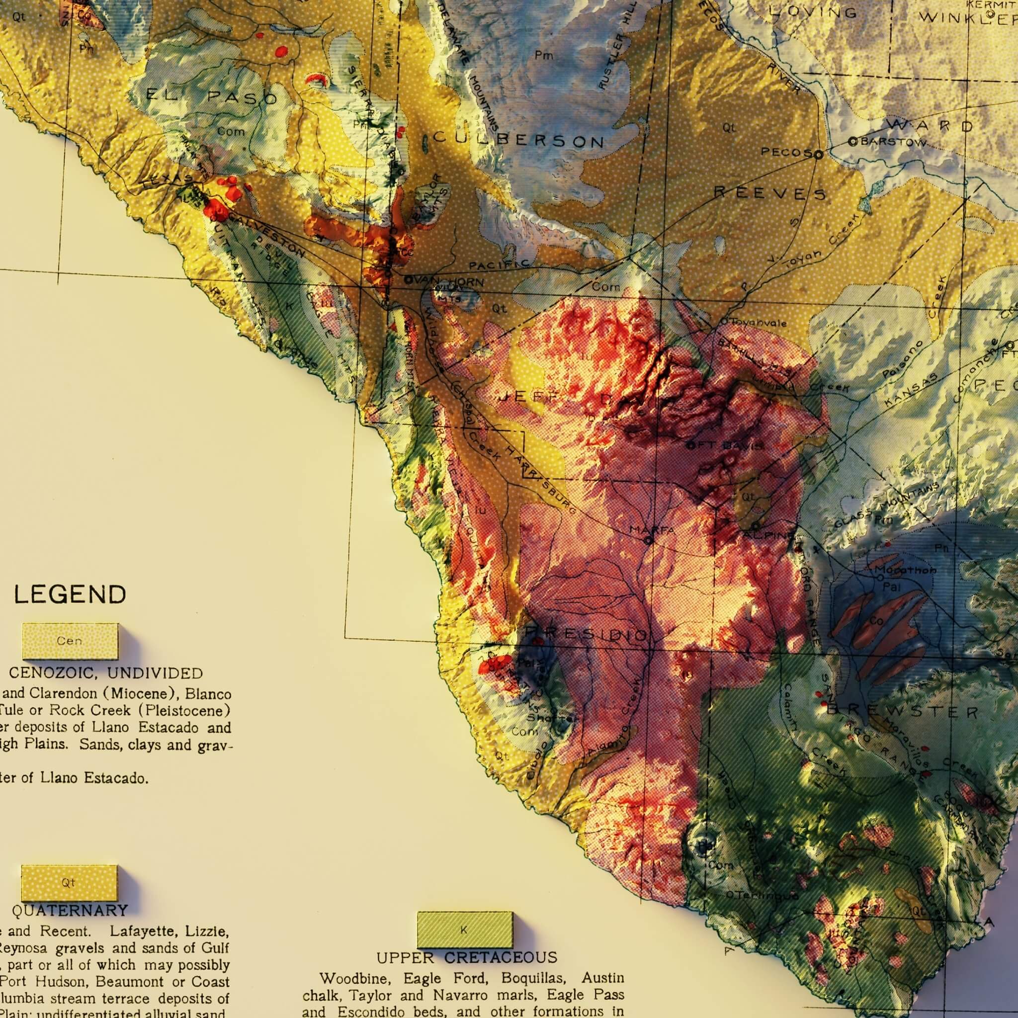 Texas 1916 Shaded Relief Map - Muir Way - Vintage Relief