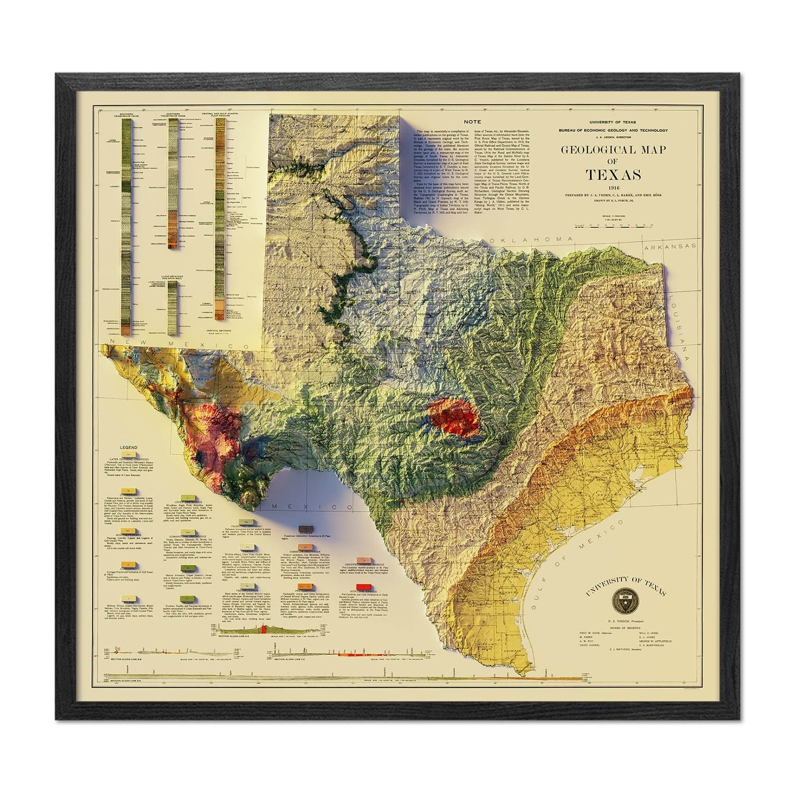Texas 1916 Shaded Relief Map - Muir Way - Vintage Relief