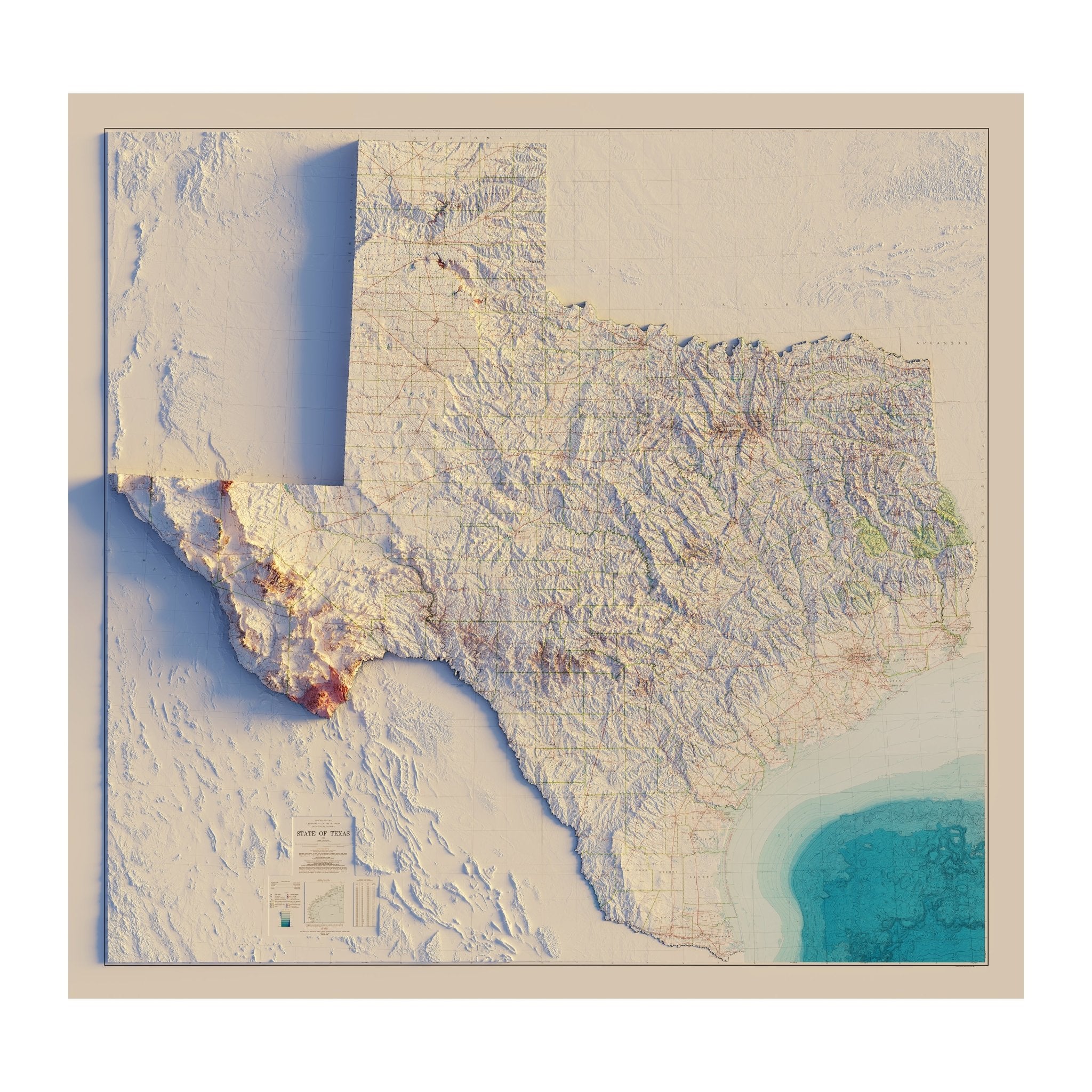 Texas 1982 Shaded Relief Map - Muir Way - Vintage Relief