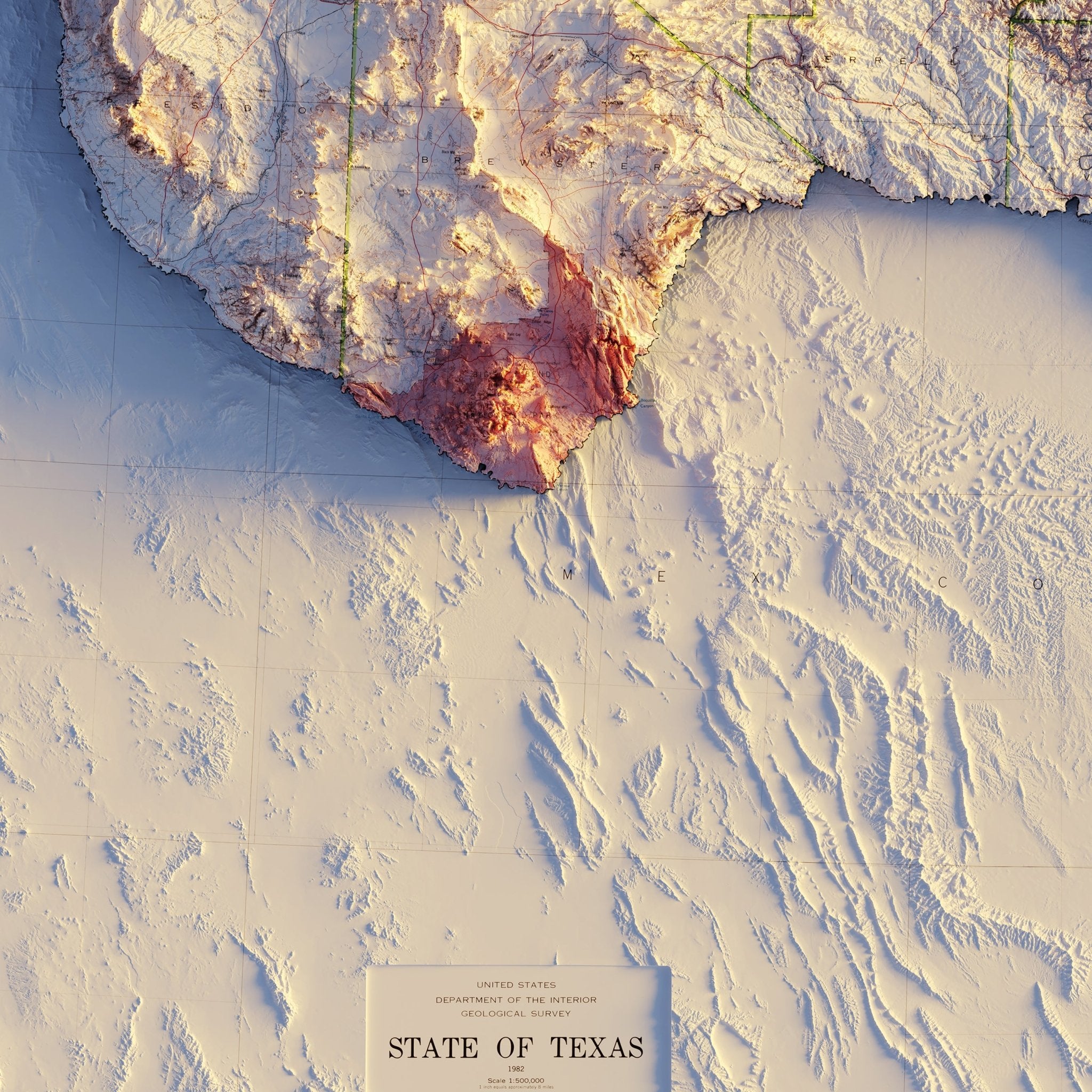 Texas 1982 Shaded Relief Map - Muir Way - Vintage Relief