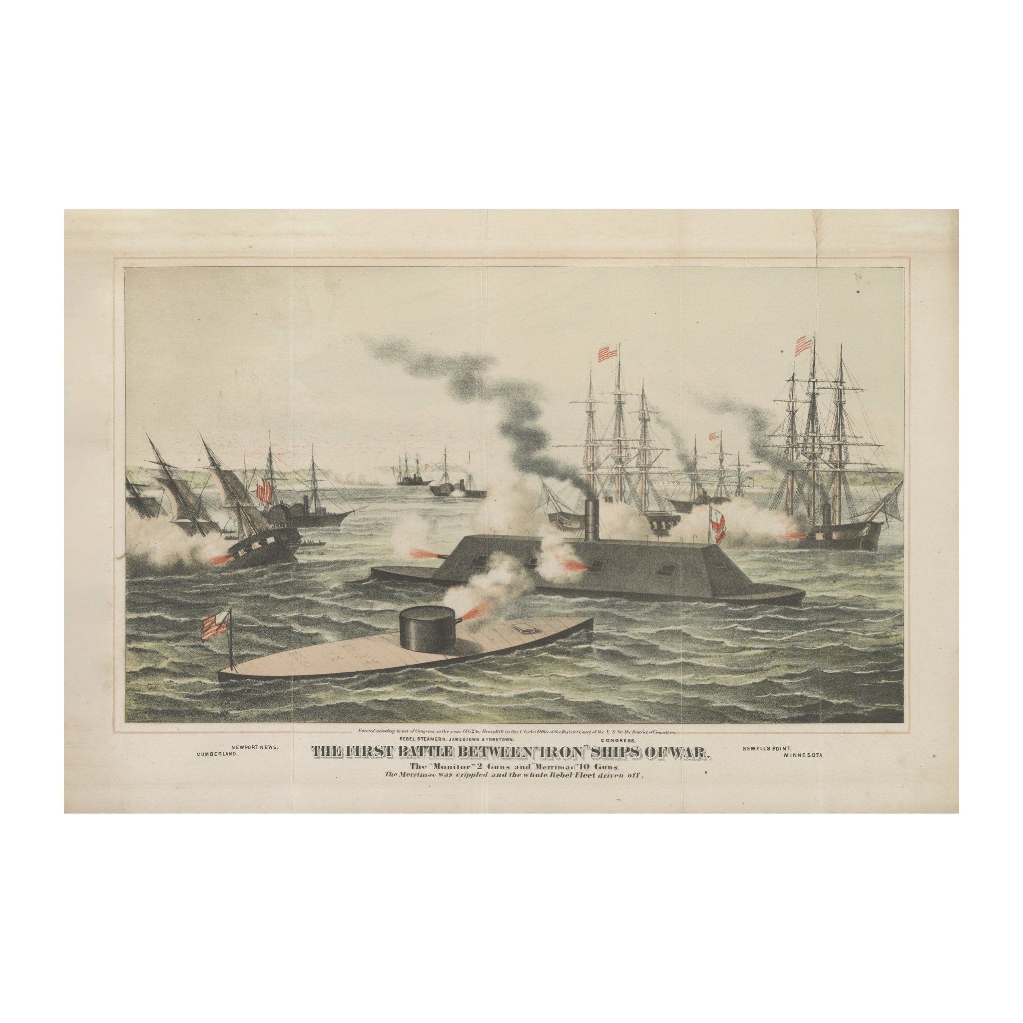 The First Battle between Iron Ships of War - Muir Way - Vintage Map