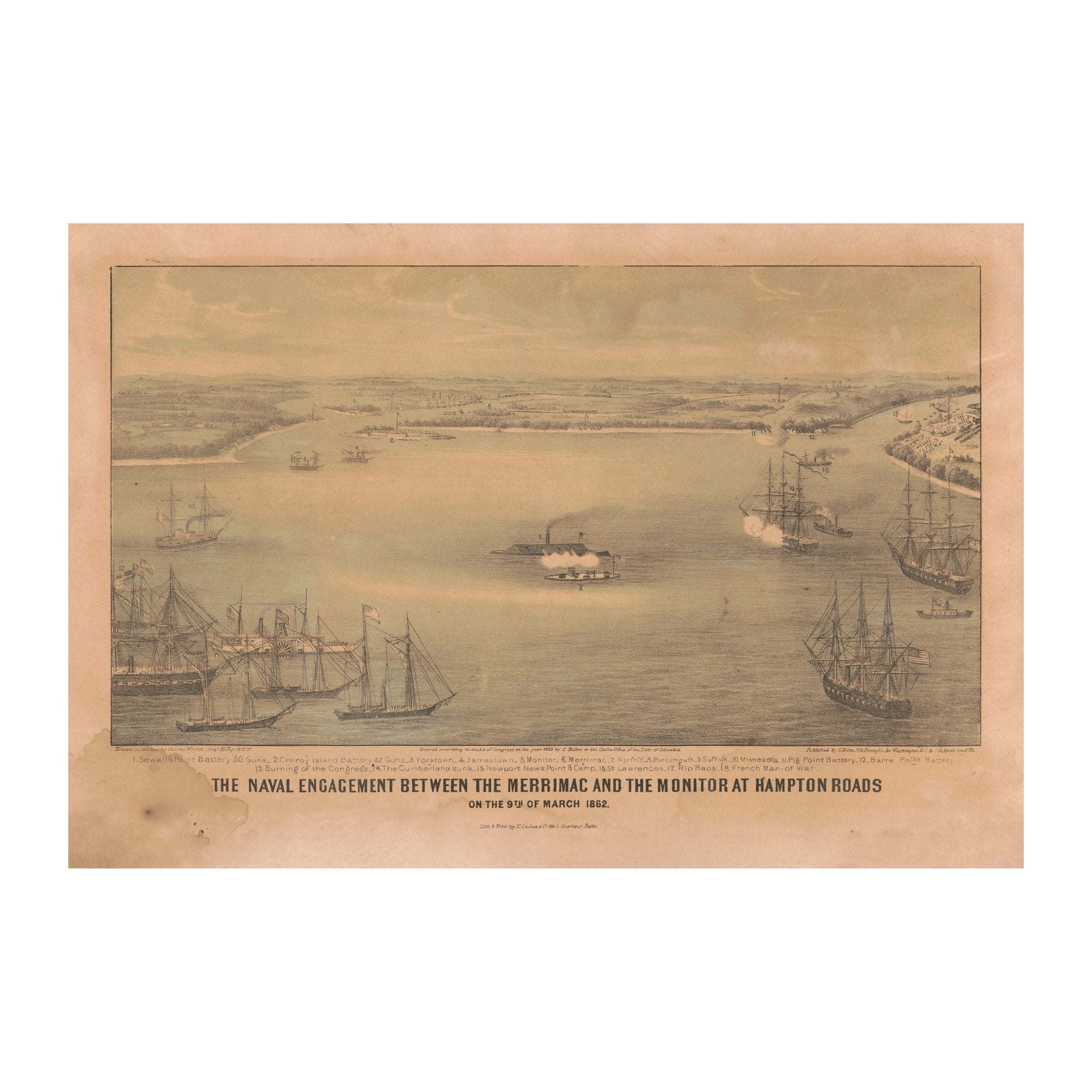 The Naval Engagement between the Merrimac and the Monitor at Hampton Roads - Muir Way - Vintage Map