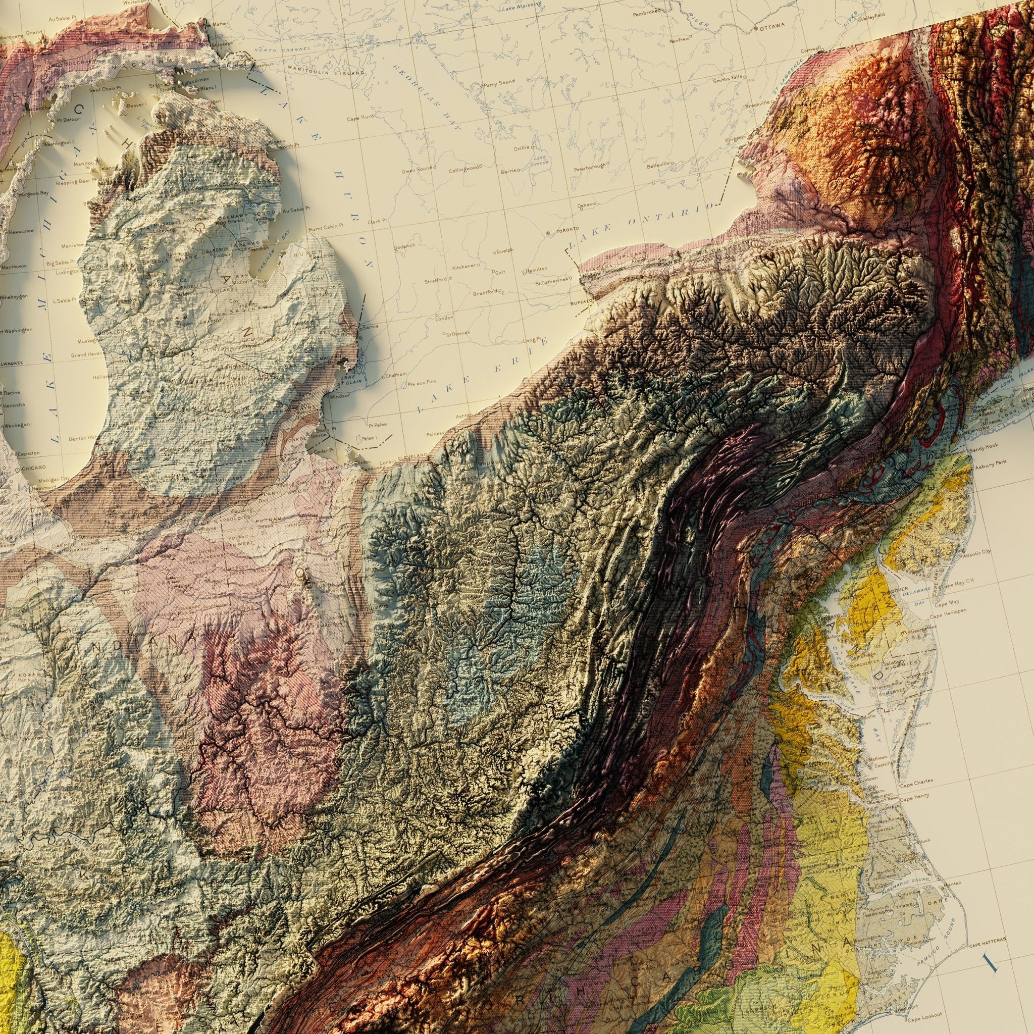 USA Geological 1932 Shaded Relief Map - Muir Way - Vintage Relief