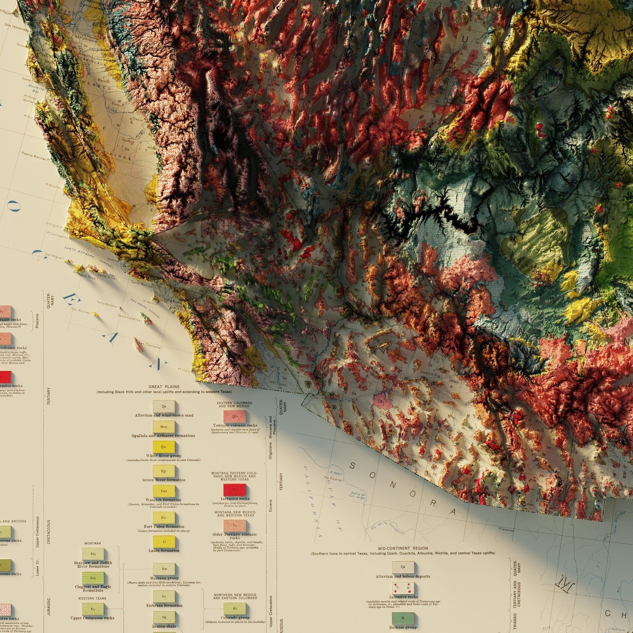 USA Geological 1932 Shaded Relief Map - Muir Way - Vintage Relief