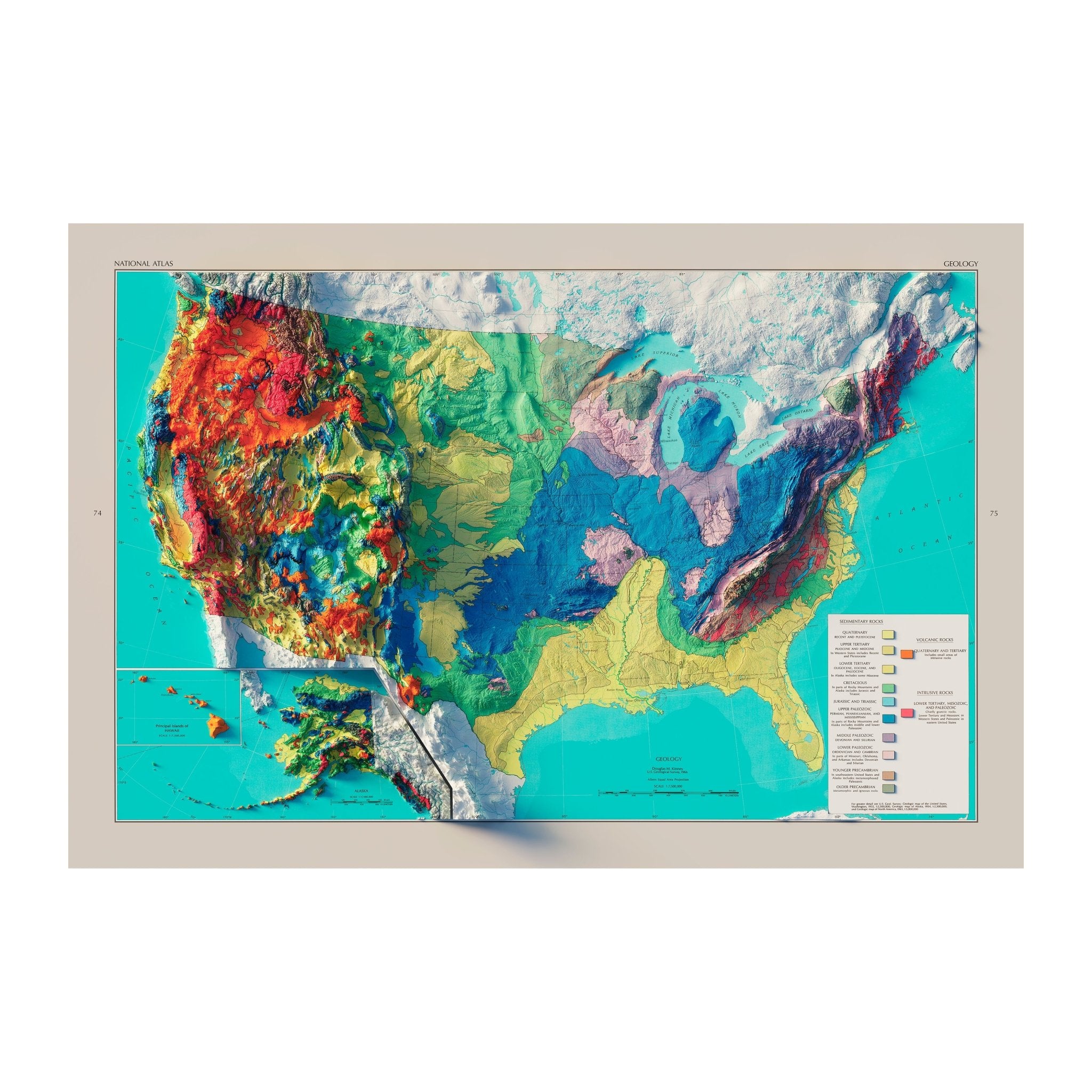 USA Geologic 1970 Shaded Relief Map - Muir Way - Vintage Relief
