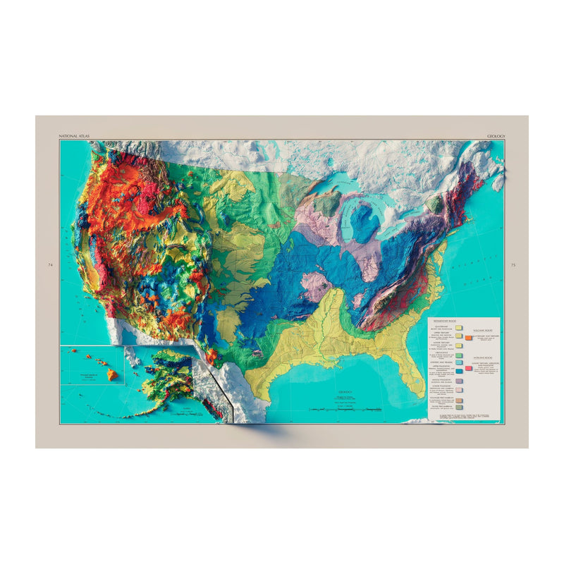 USA Geologic 1970 Shaded Relief Map - Muir Way - Vintage Relief