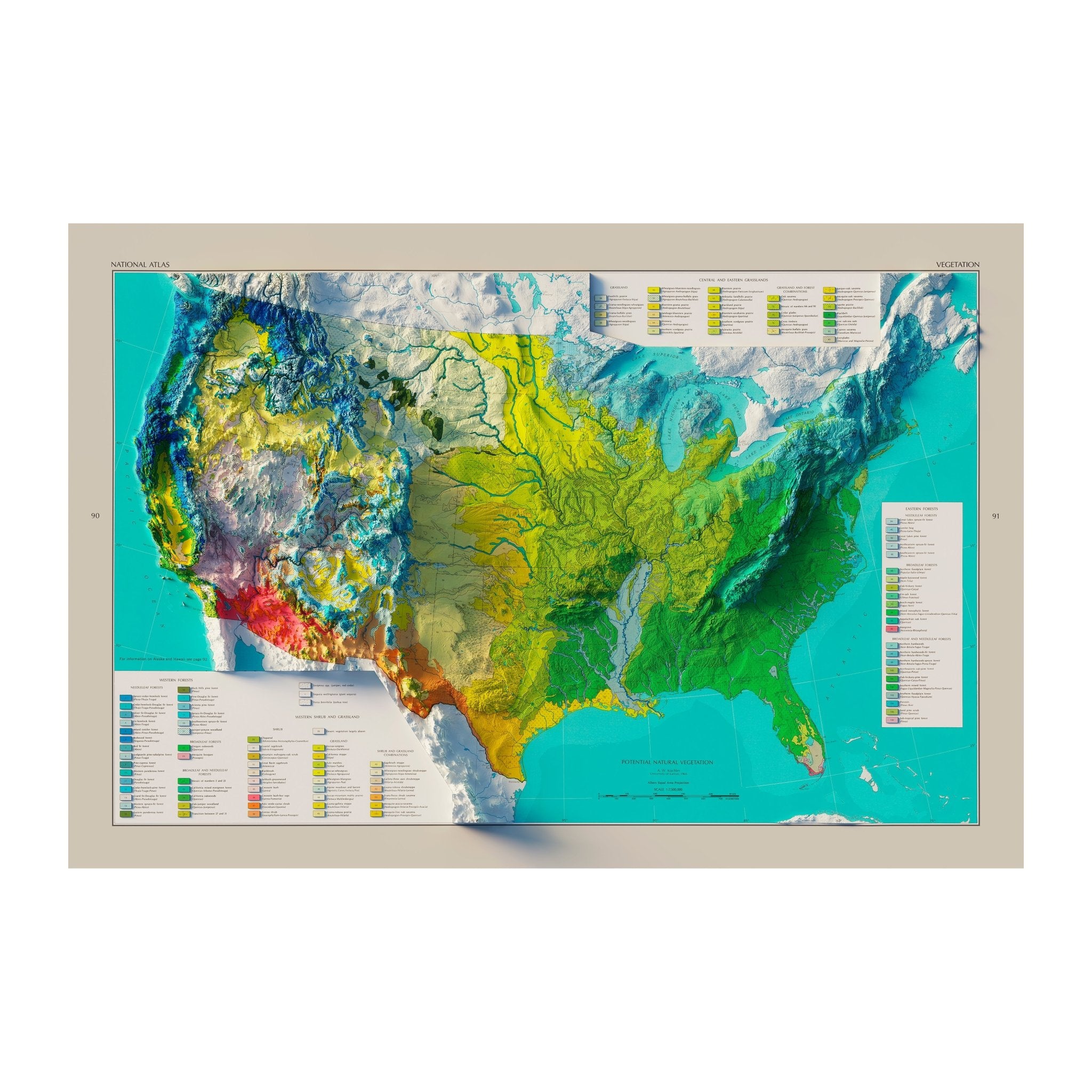 USA Natural Vegetation 1970 Shaded Relief Map - Muir Way - Vintage Relief