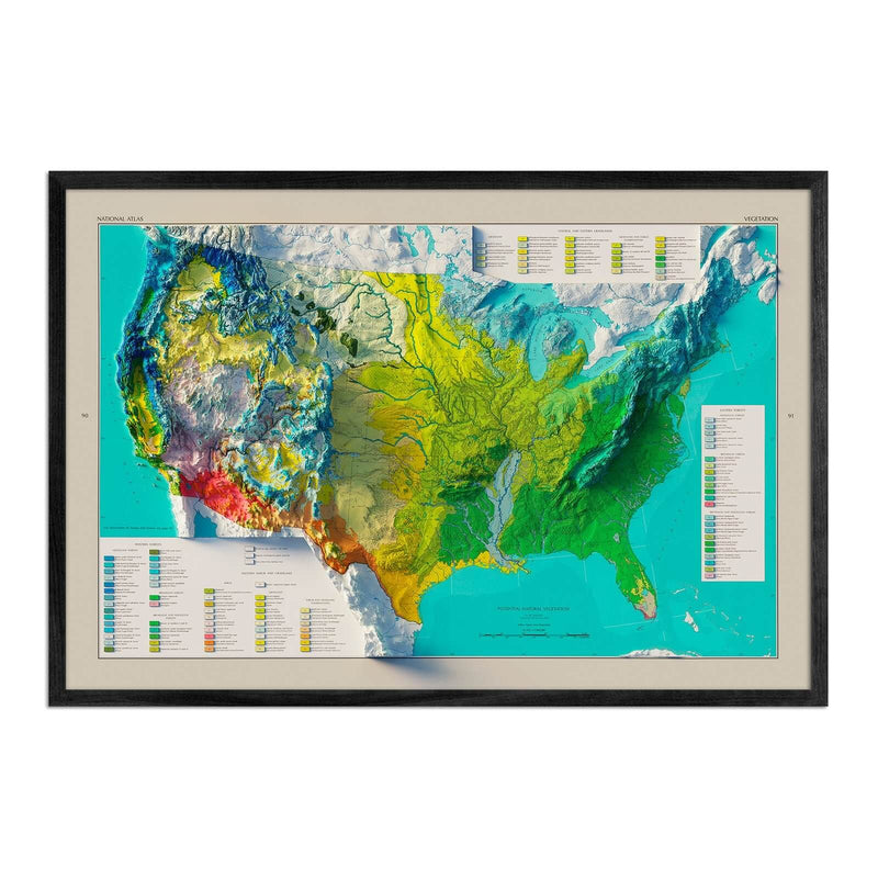 USA Natural Vegetation 1970 Shaded Relief Map - Muir Way - Vintage Relief