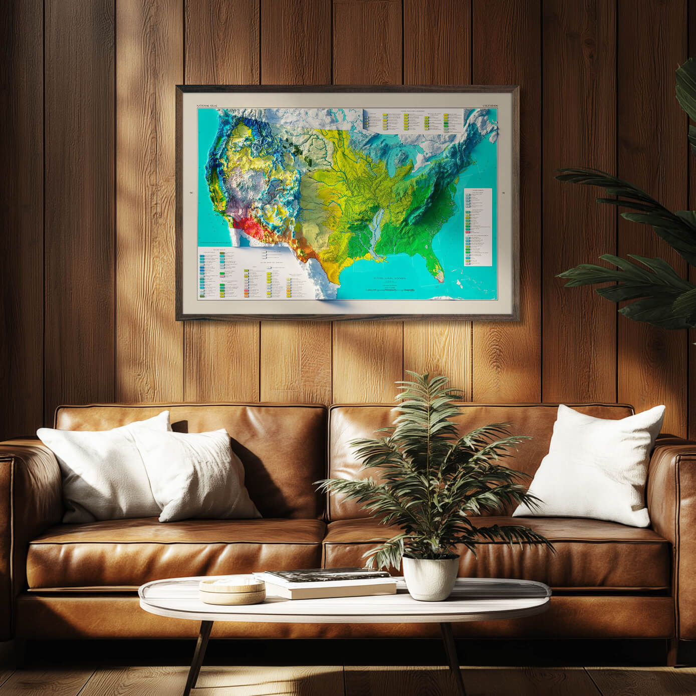 USA Natural Vegetation 1970 Shaded Relief Map - Muir Way - Vintage Relief