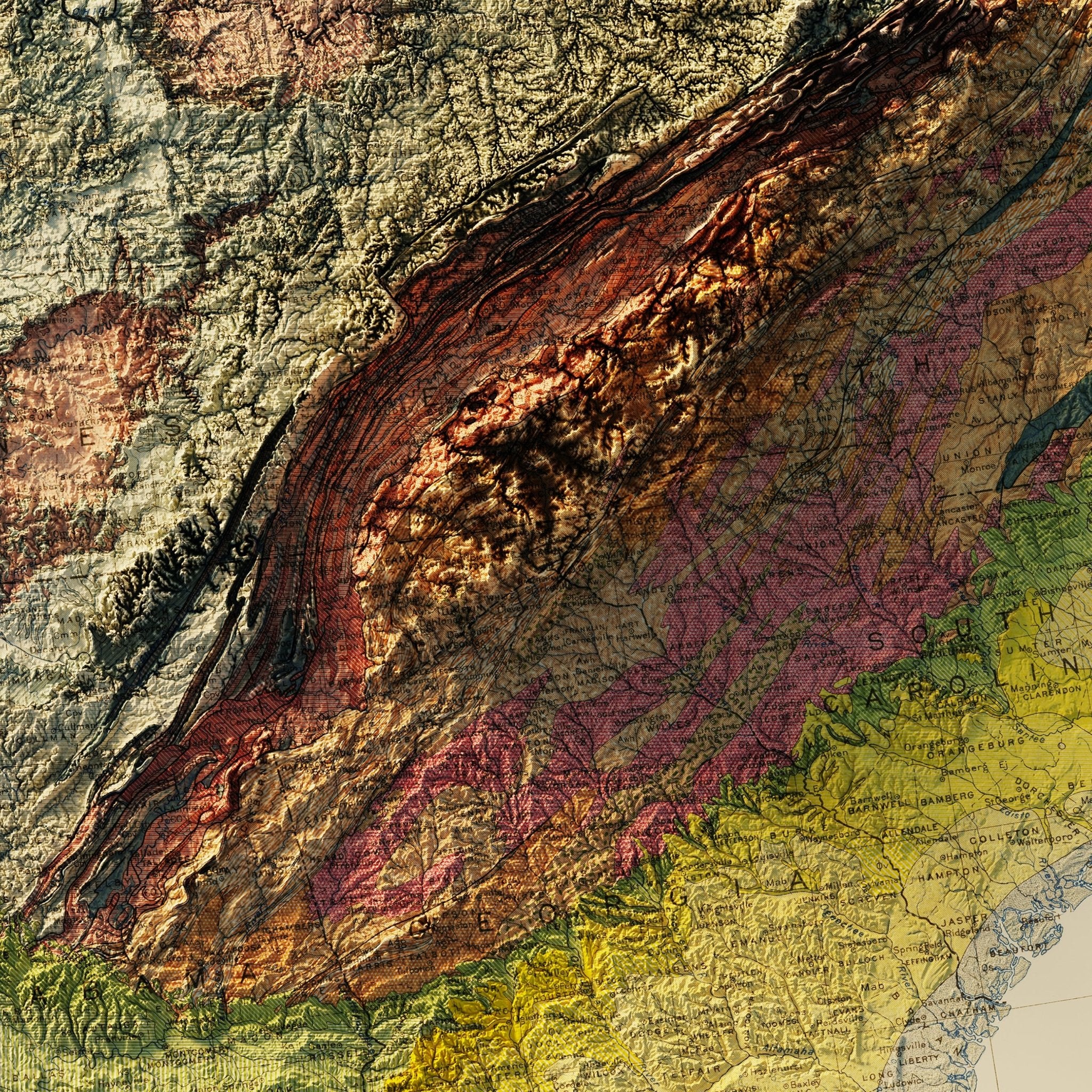 USA Quadrant SE 1932 Shaded Relief Map - Muir Way - Vintage Relief