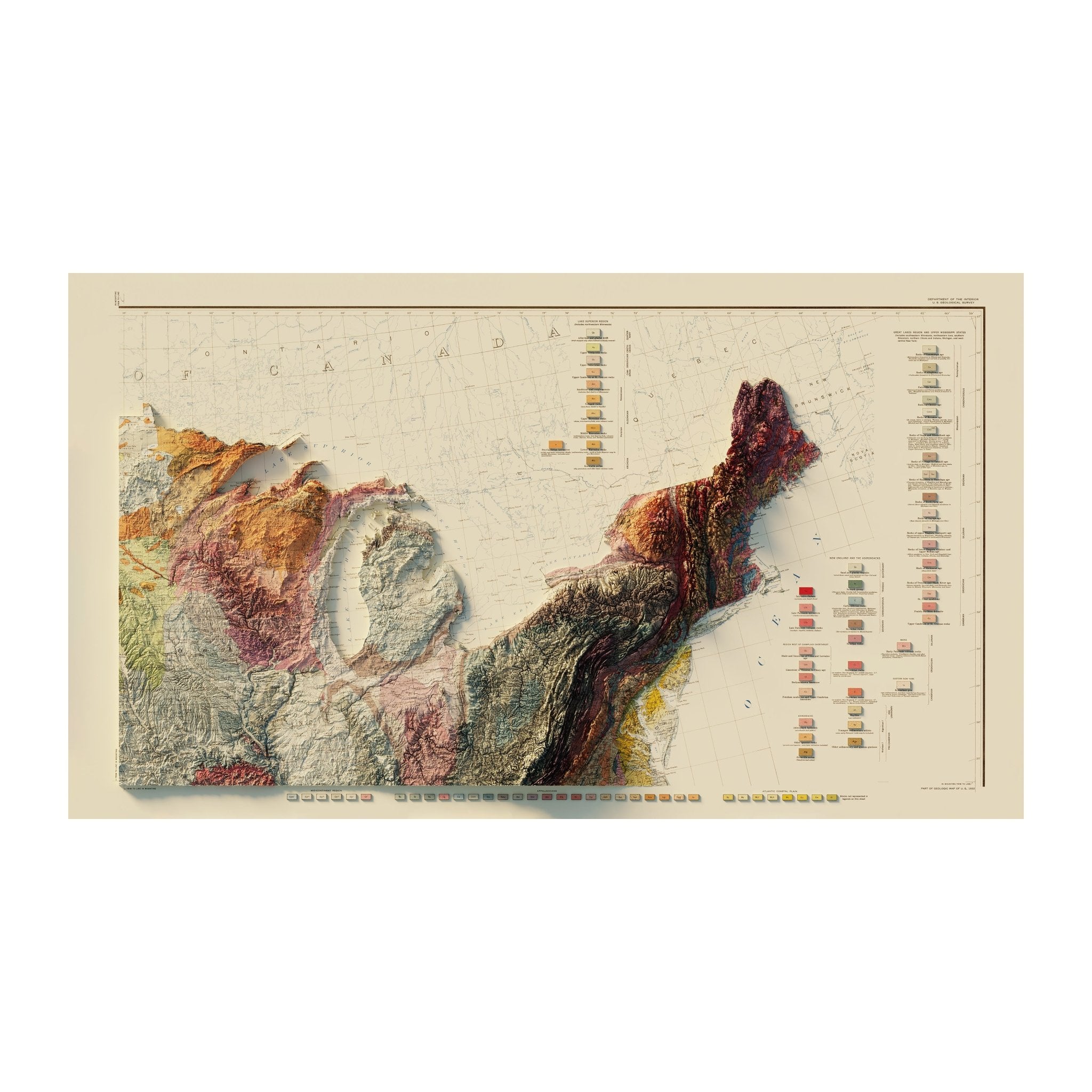 USA Quadrant NE 1932 Shaded Relief Map - Muir Way - Vintage Relief