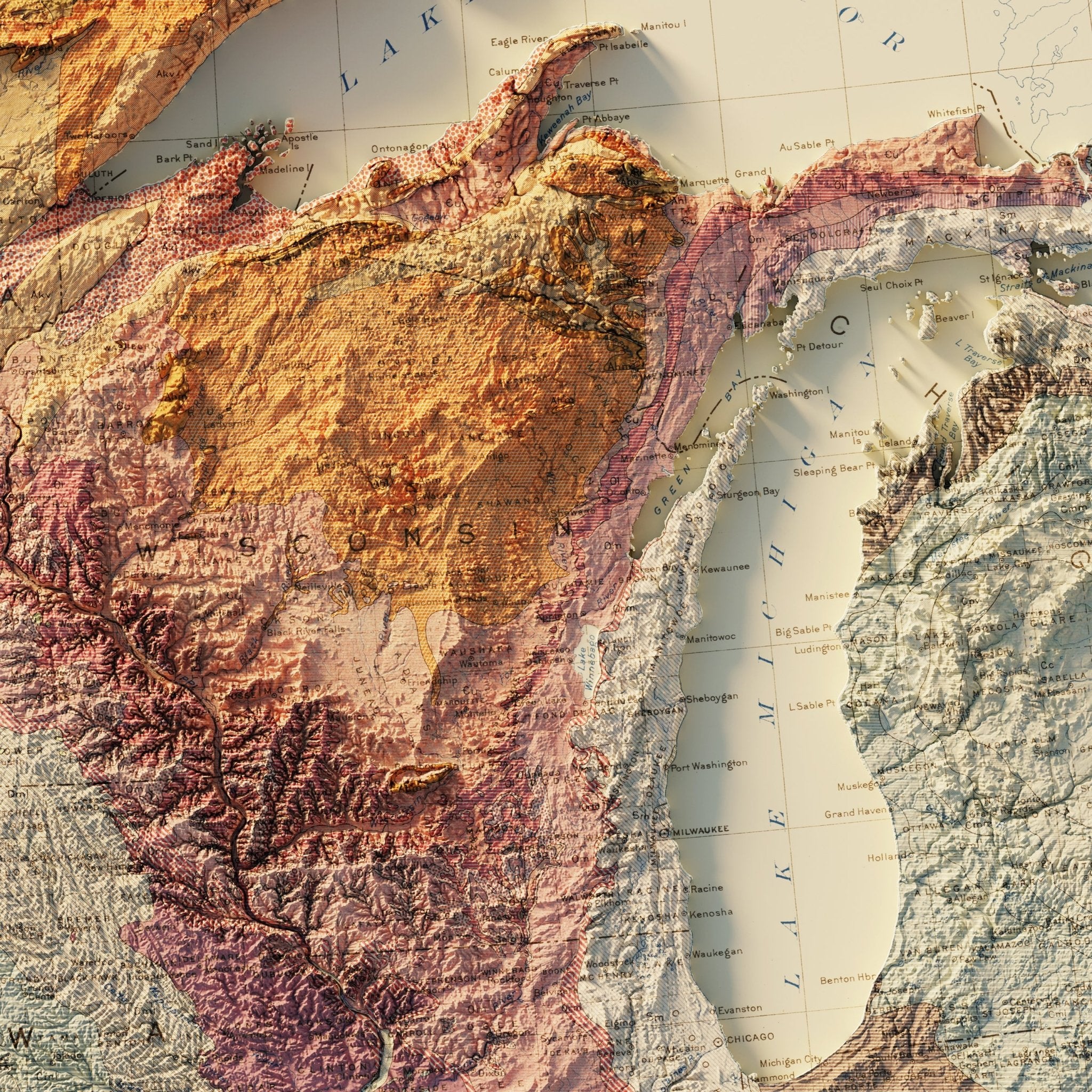 USA Quadrant NE 1932 Shaded Relief Map - Muir Way - Vintage Relief