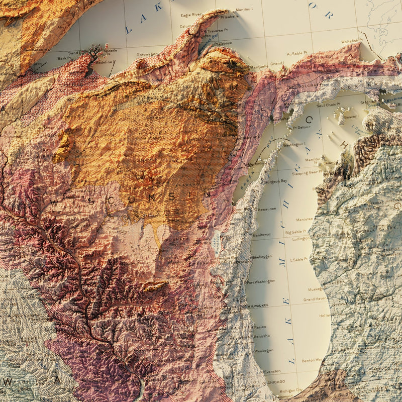 USA Quadrant NE 1932 Shaded Relief Map - Muir Way - Vintage Relief