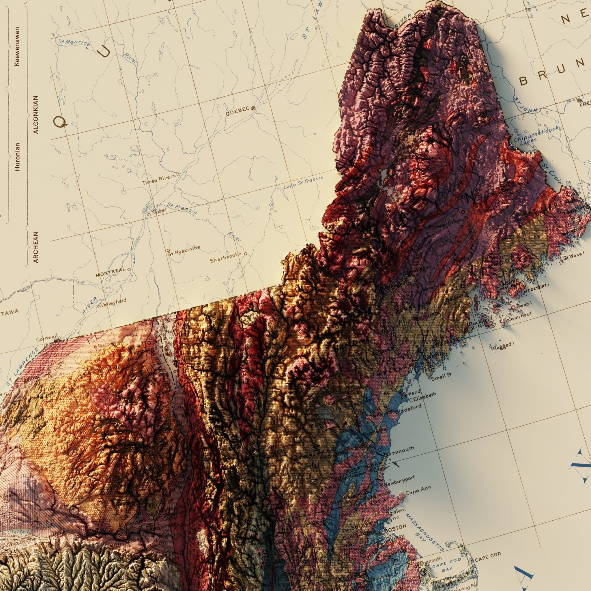 USA Quadrant NE 1932 Shaded Relief Map - Muir Way - Vintage Relief