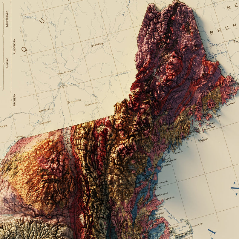 USA Quadrant NE 1932 Shaded Relief Map - Muir Way - Vintage Relief