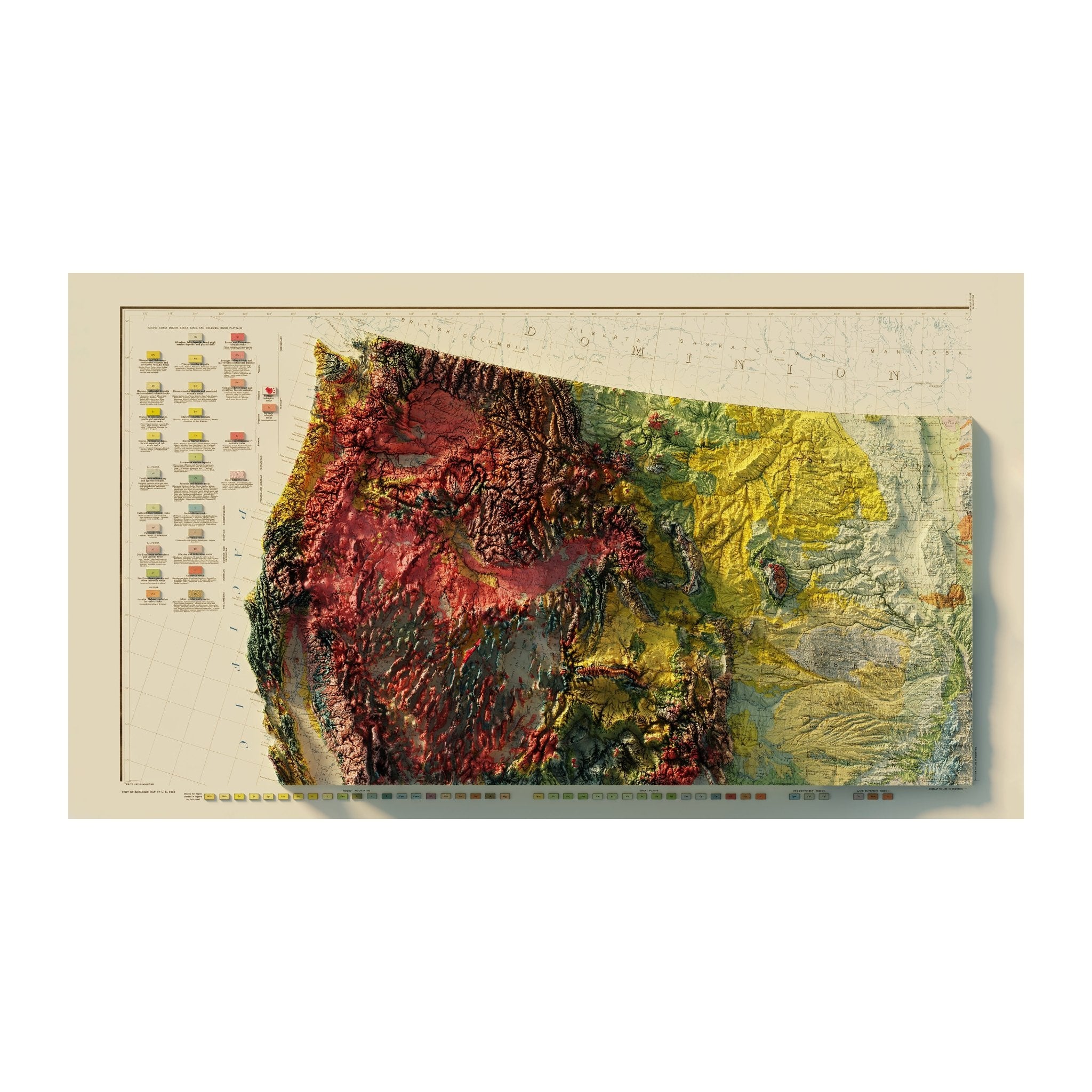 USA Quadrant NW 1932 Shaded Relief Map - Muir Way - Vintage Relief
