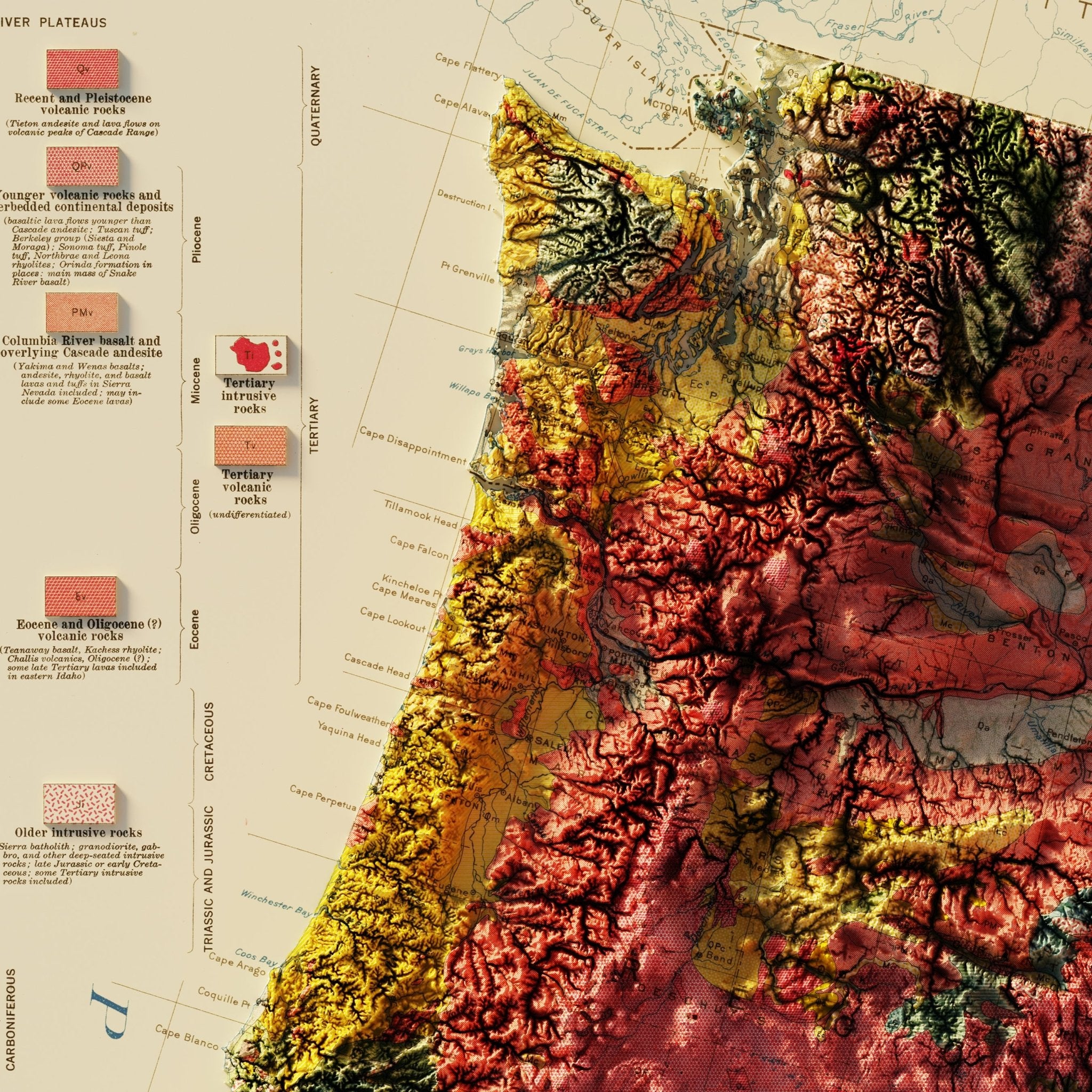 USA Quadrant NW 1932 Shaded Relief Map - Muir Way - Vintage Relief