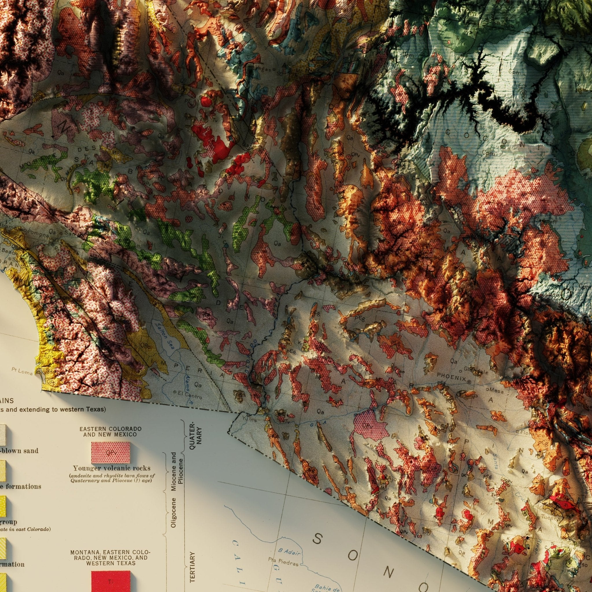 USA Quadrant SW 1932 Shaded Relief Map - Muir Way - Vintage Relief