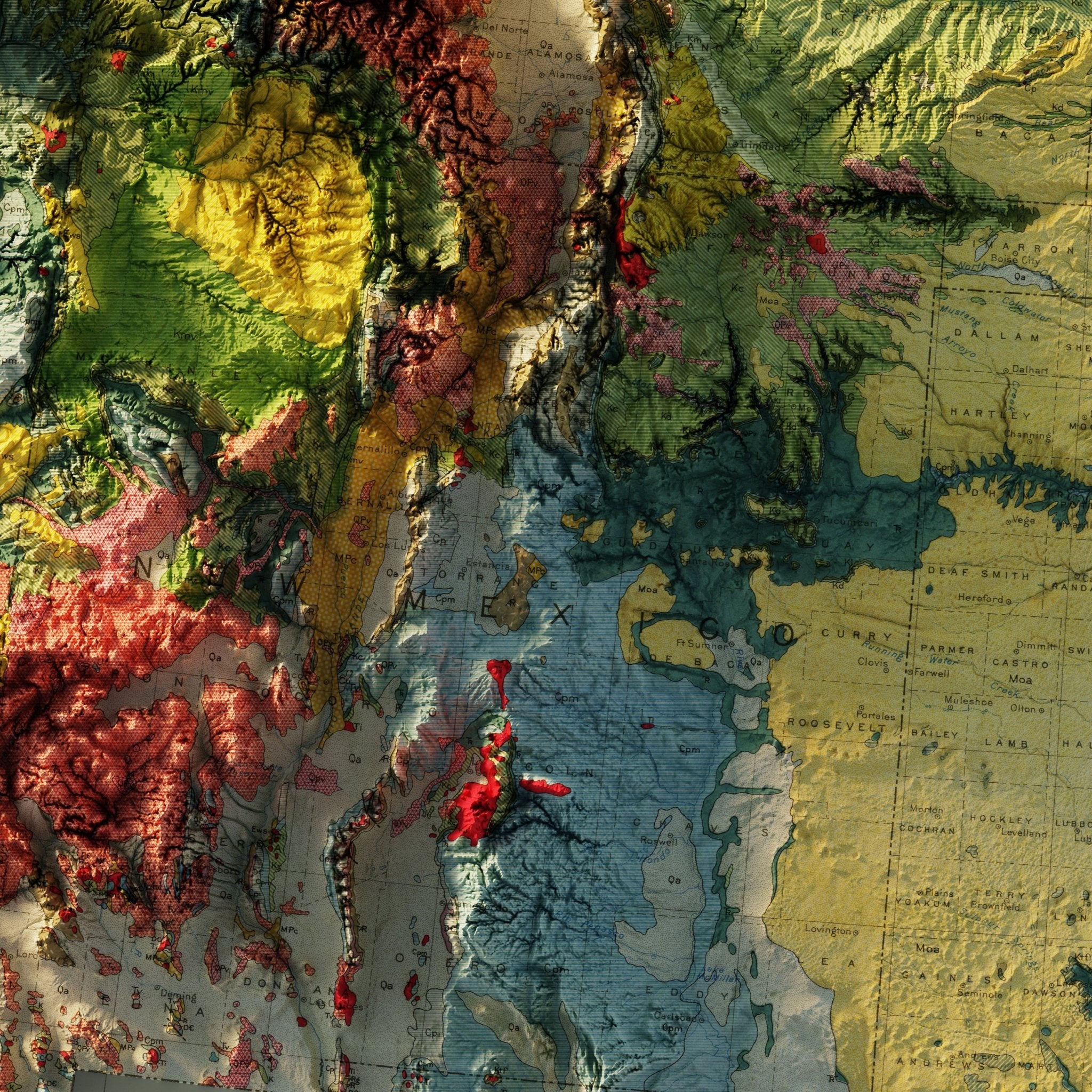 USA Quadrant SW 1932 Shaded Relief Map - Muir Way - Vintage Relief
