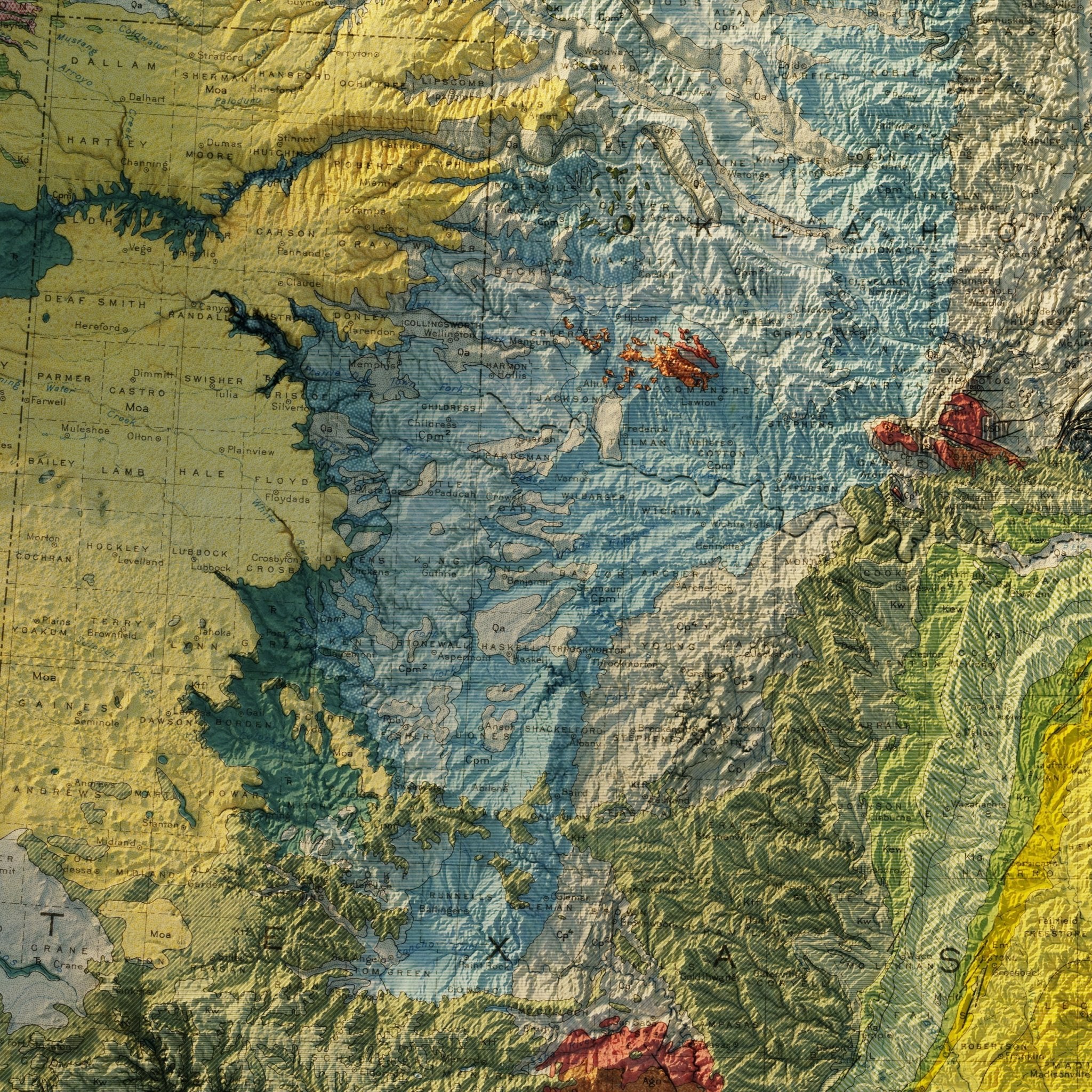 USA Quadrant SW 1932 Shaded Relief Map - Muir Way - Vintage Relief