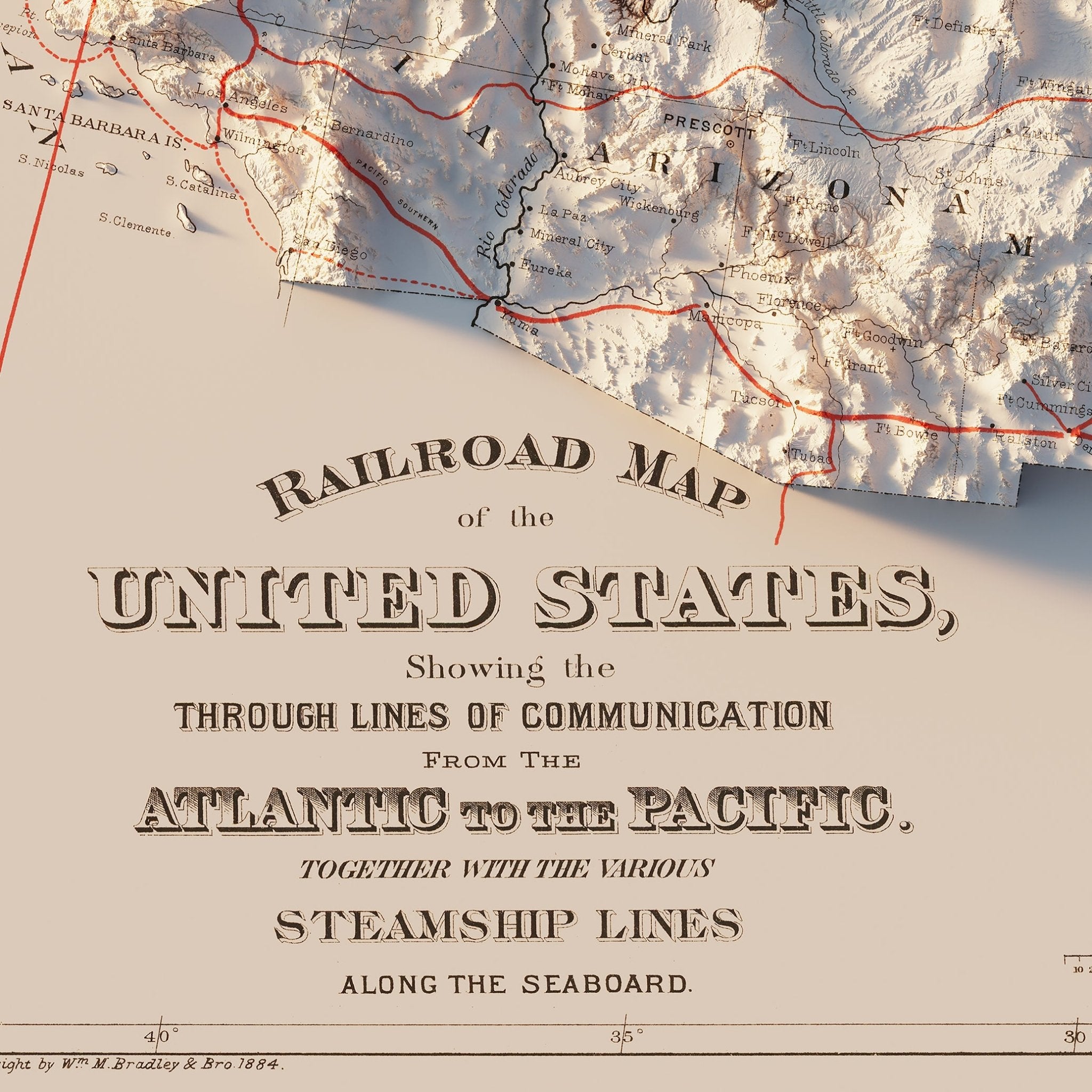 USA Railroad 1884 Shaded Relief Map - Muir Way - Vintage Relief
