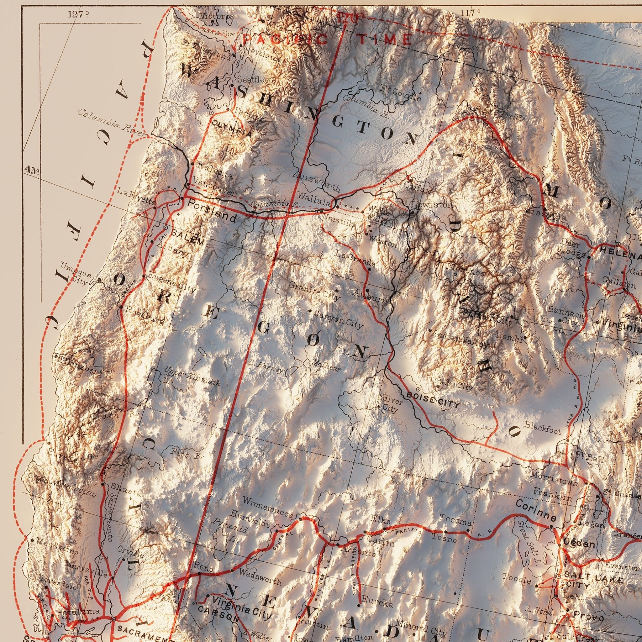 USA Railroad 1884 Shaded Relief Map - Muir Way - Vintage Relief