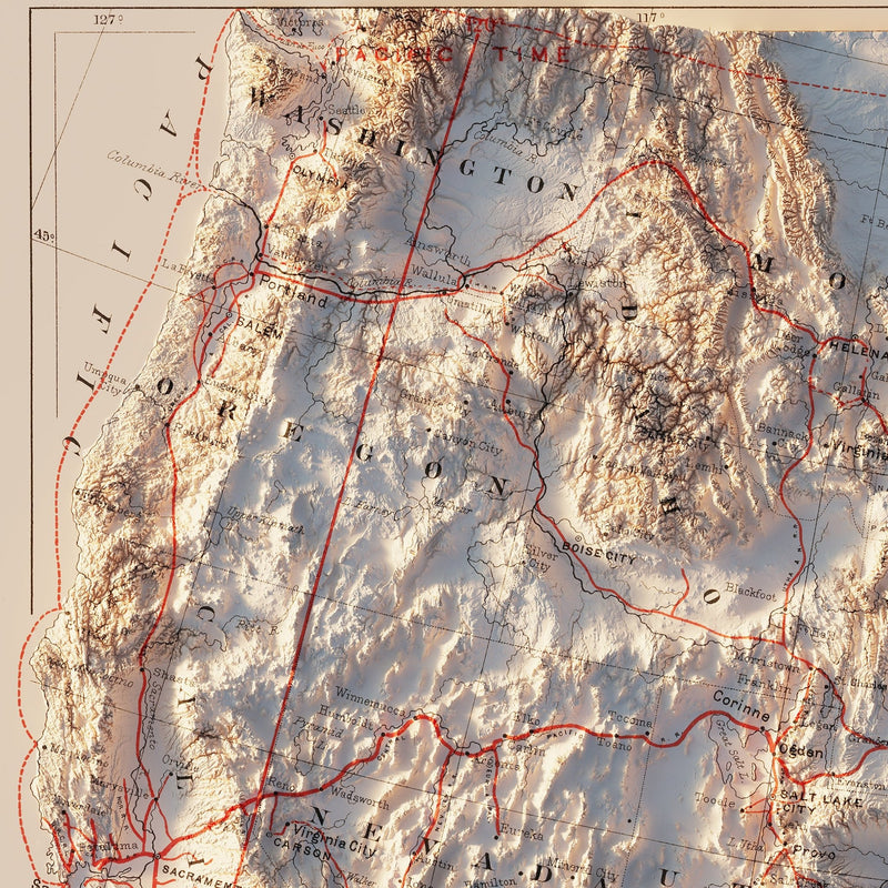 USA Railroad 1884 Shaded Relief Map - Muir Way - Vintage Relief