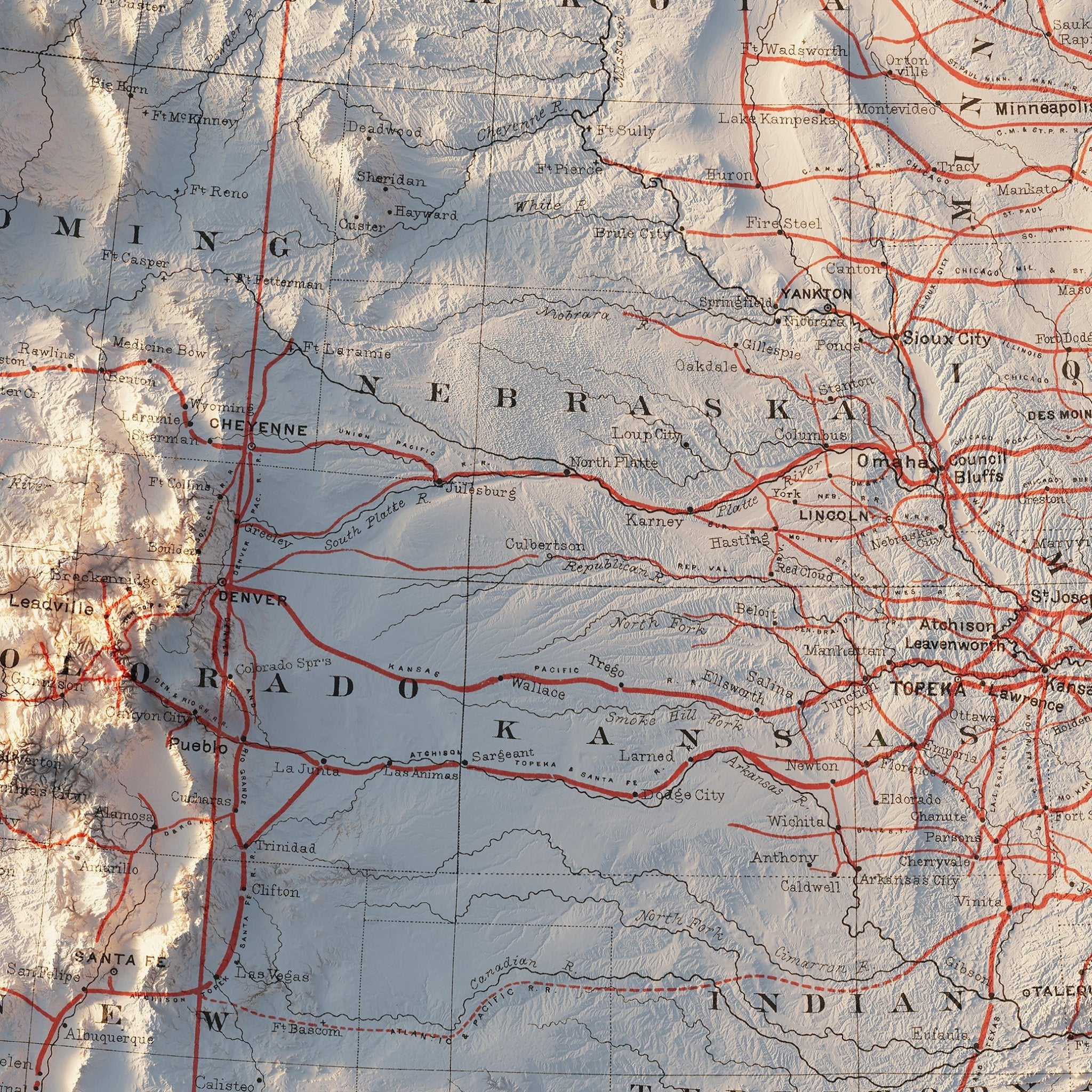 USA Railroad 1884 Shaded Relief Map - Muir Way - Vintage Relief