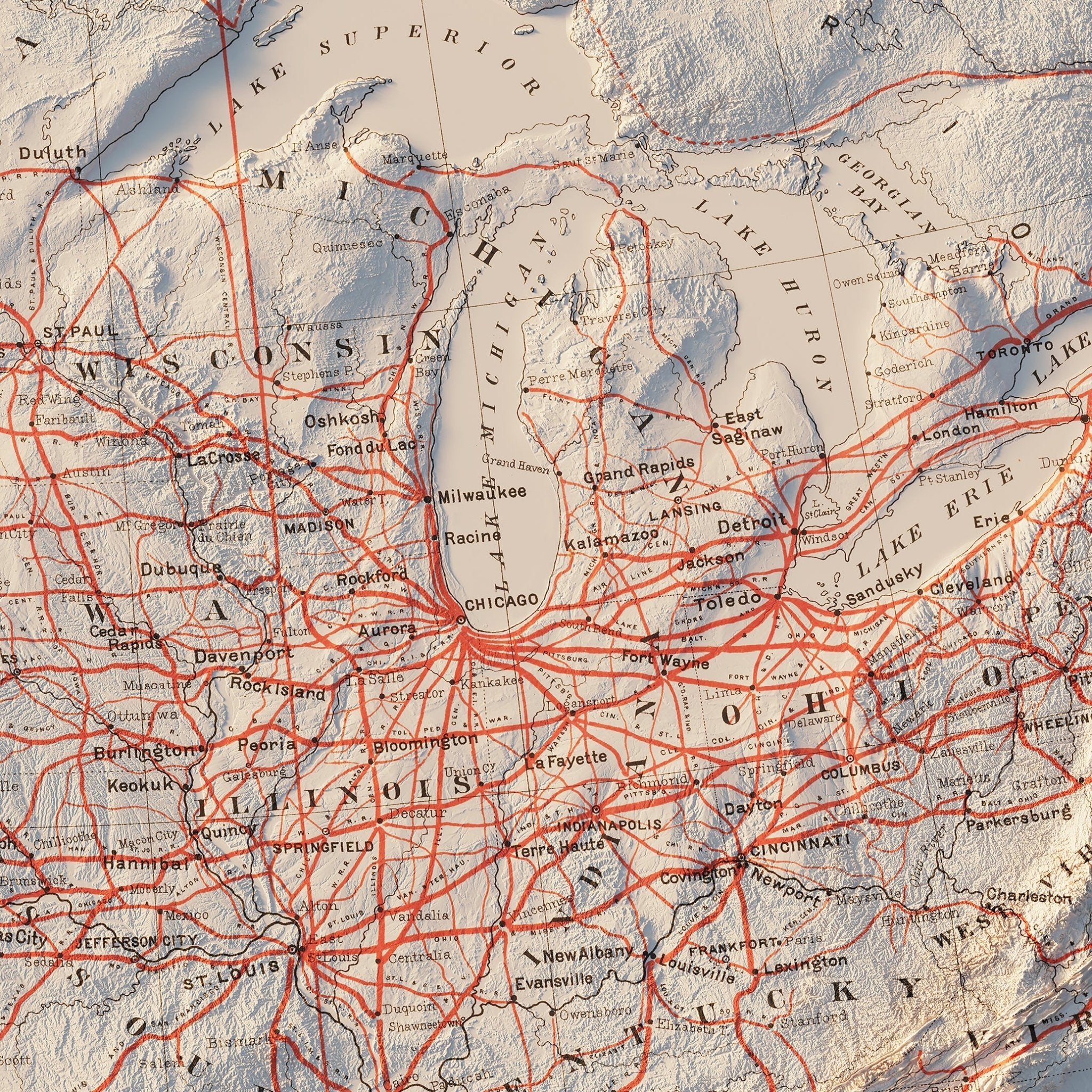 USA Railroad 1884 Shaded Relief Map - Muir Way - Vintage Relief